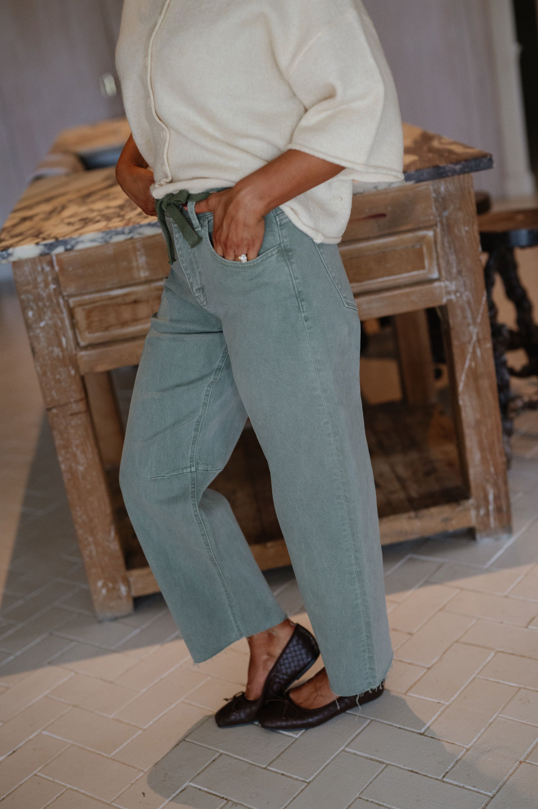 Emerson Super High Rise Wide Barrel Jean-Olive