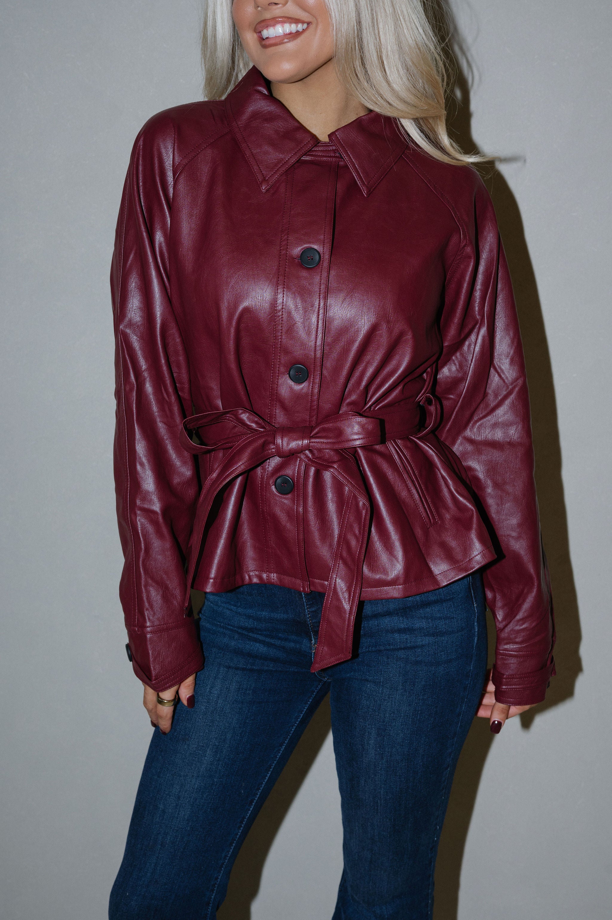 Cordle Faux Leather Shirt-Burgundy