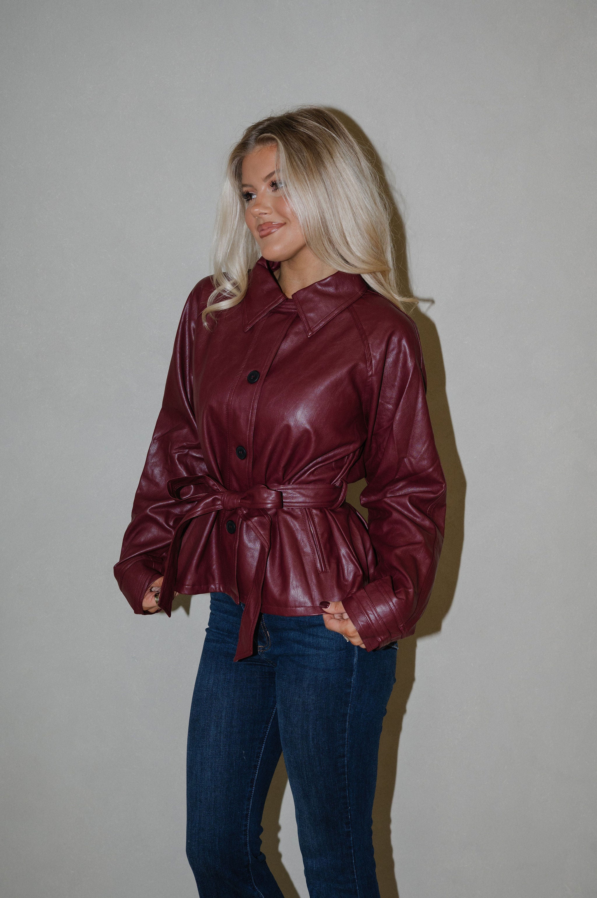 Cordle Faux Leather Shirt-Burgundy