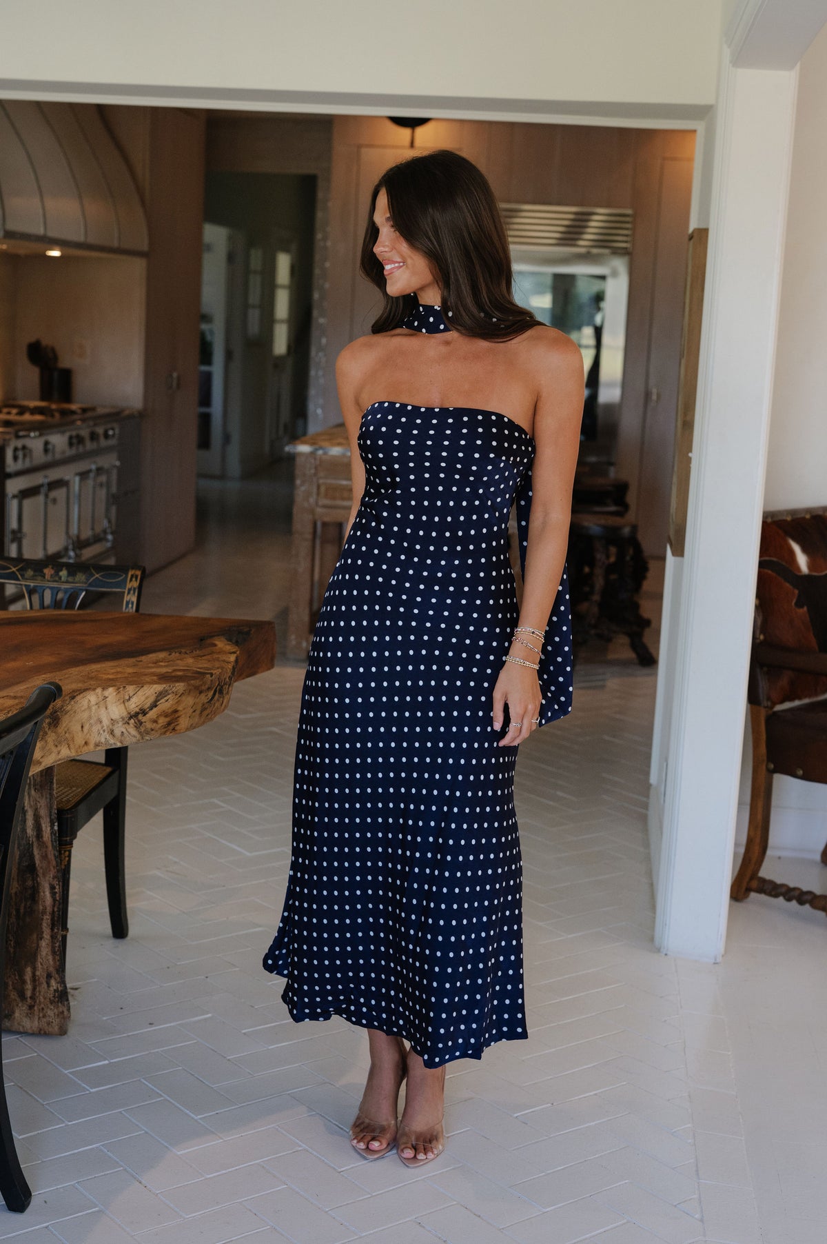 Strapless Polka Dot Midi Dress-Navy