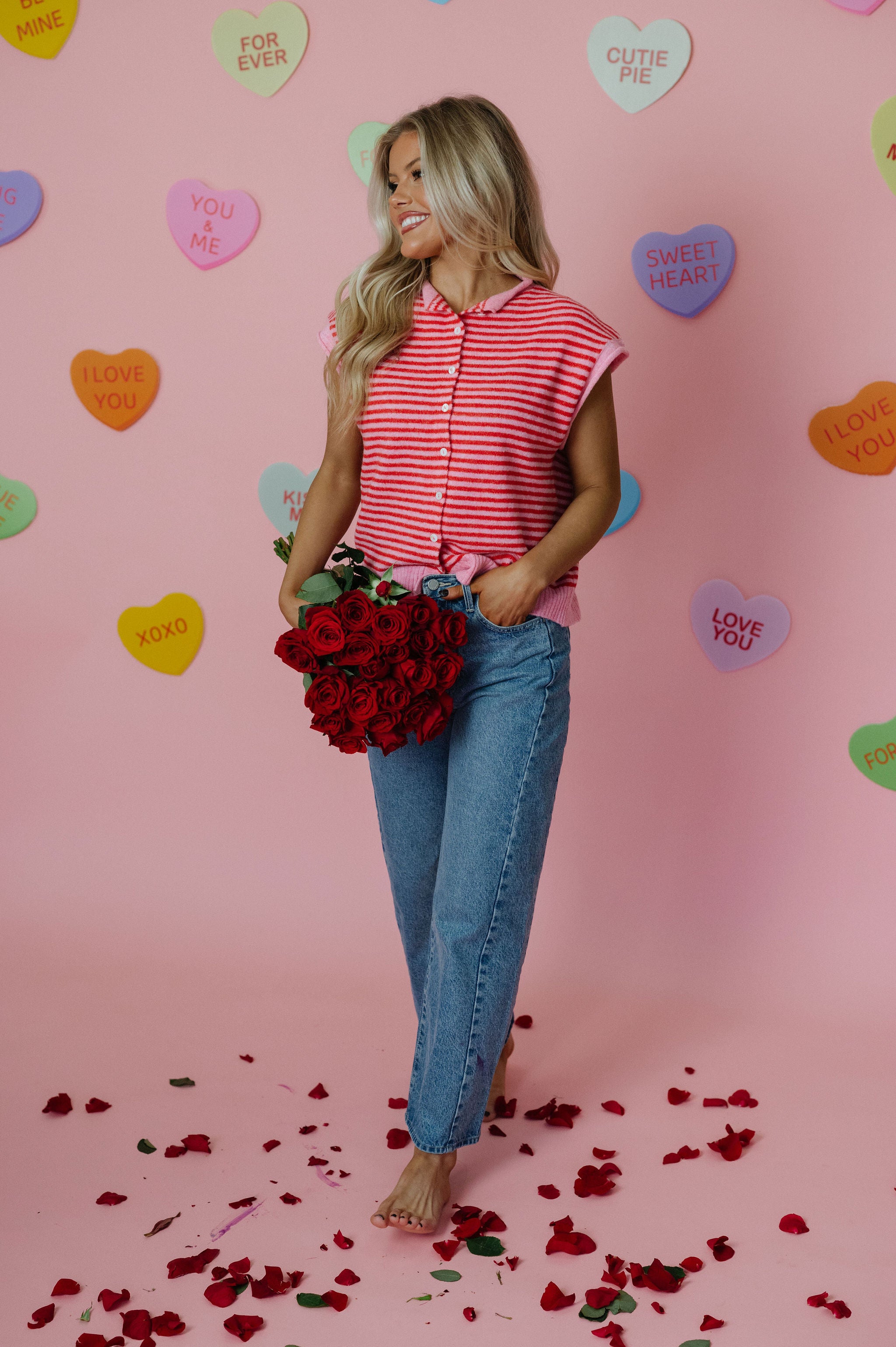 Striped Piper Vest Cardigan-Pink