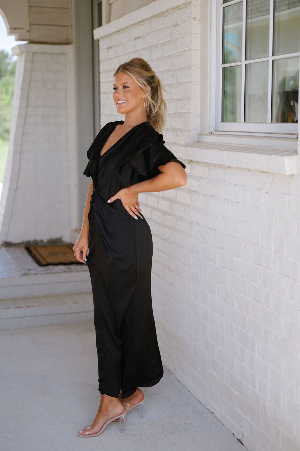 Ruched Satin Midi Dress-Black