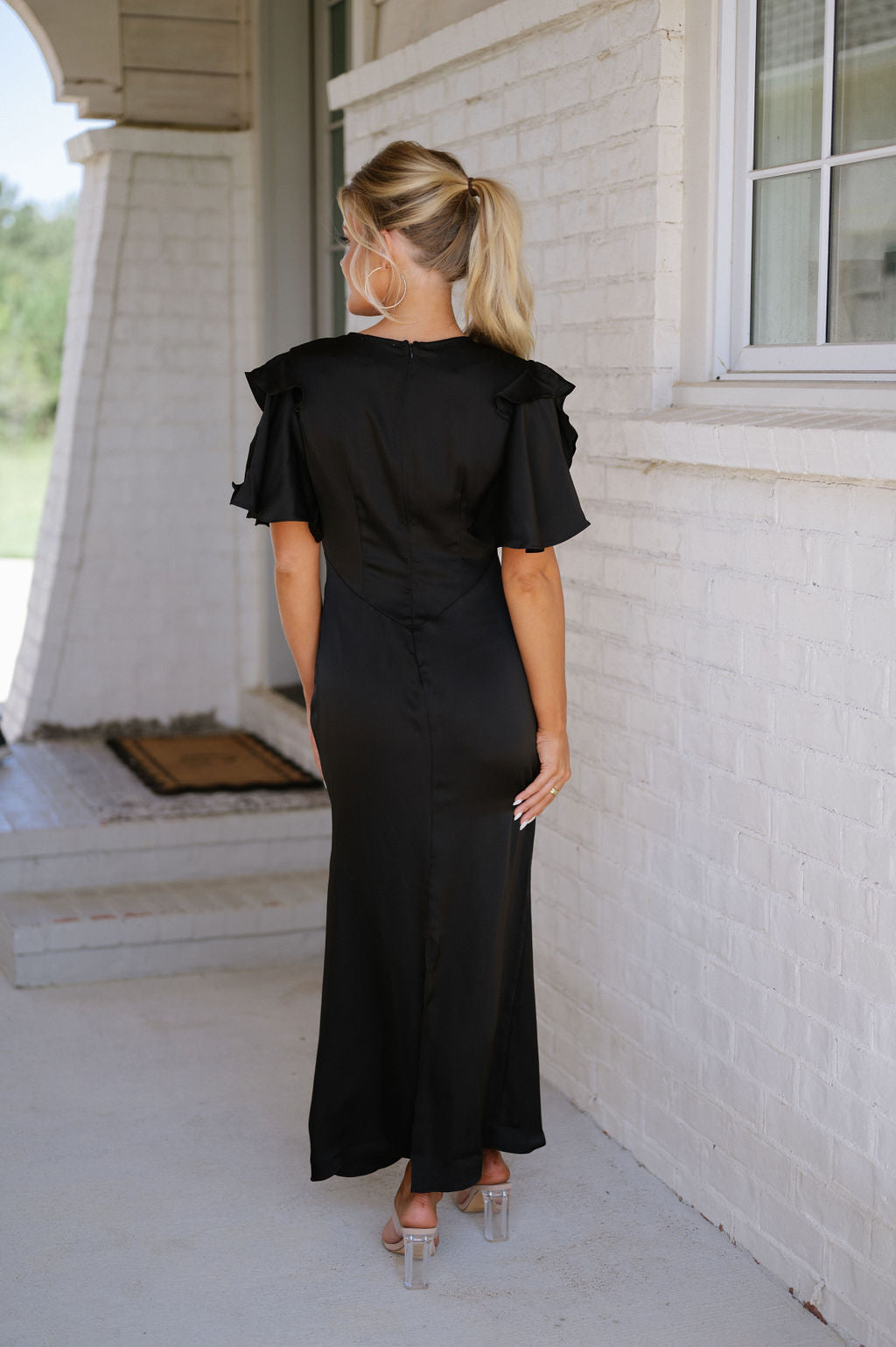 Ruched Satin Midi Dress-Black