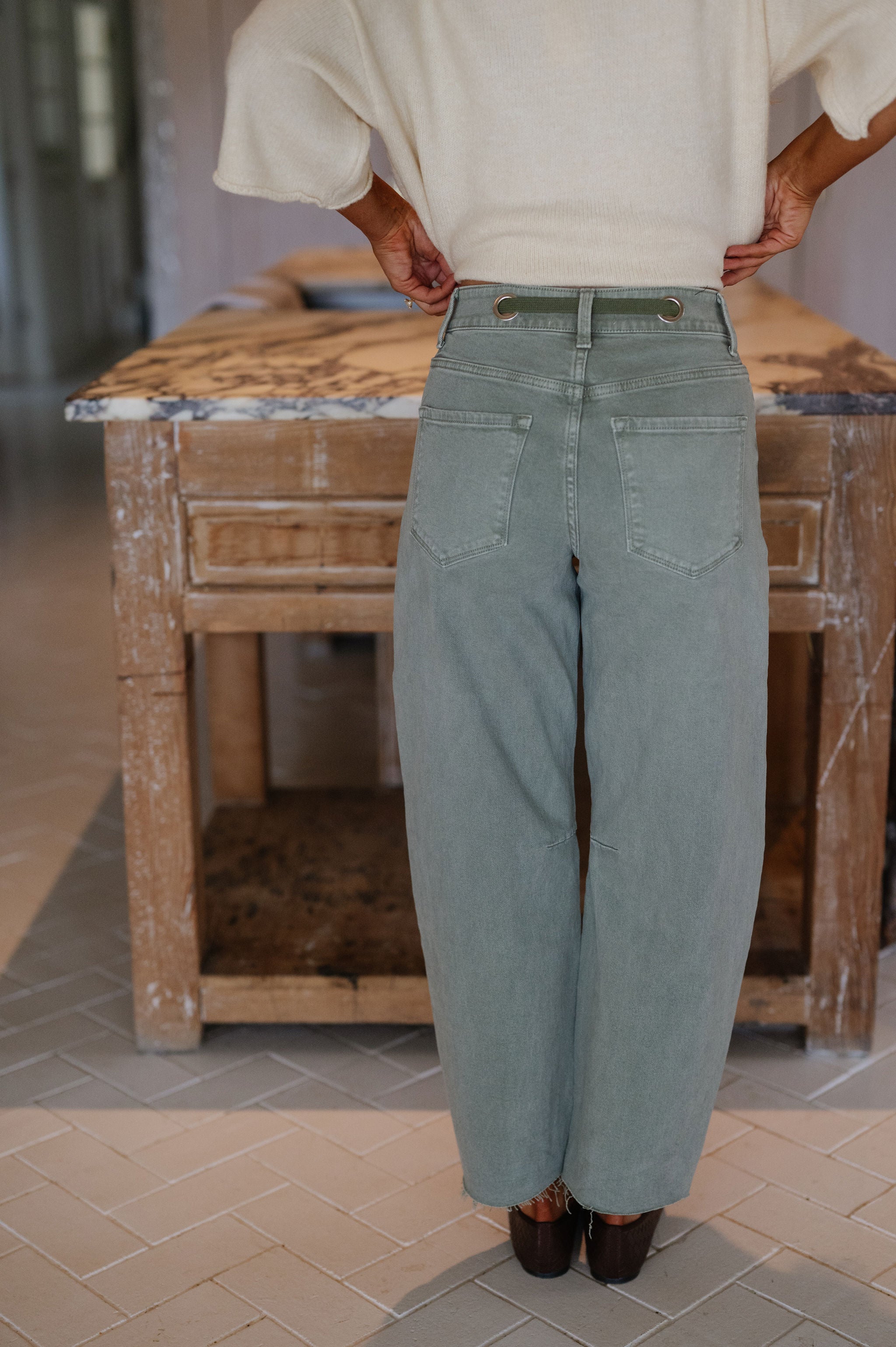Emerson Super High Rise Wide Barrel Jean-Olive