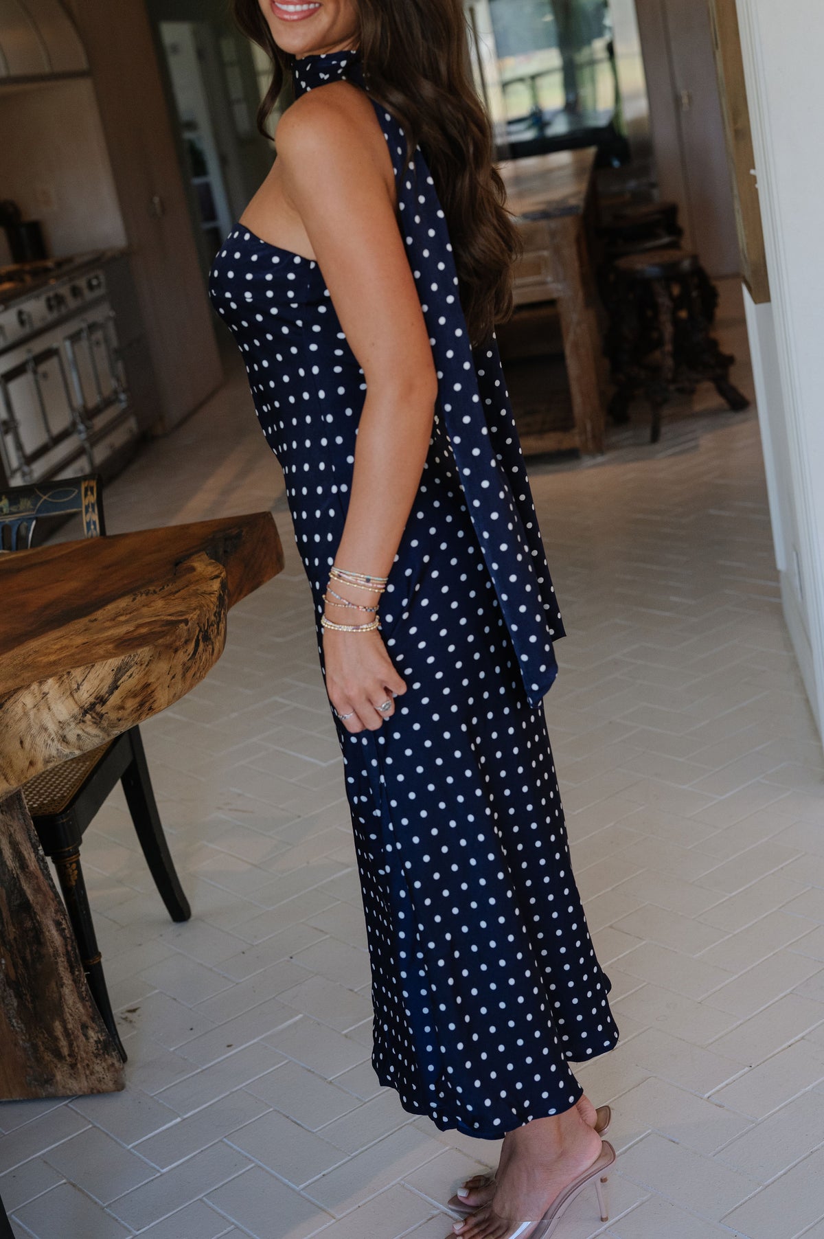 Strapless Polka Dot Midi Dress-Navy