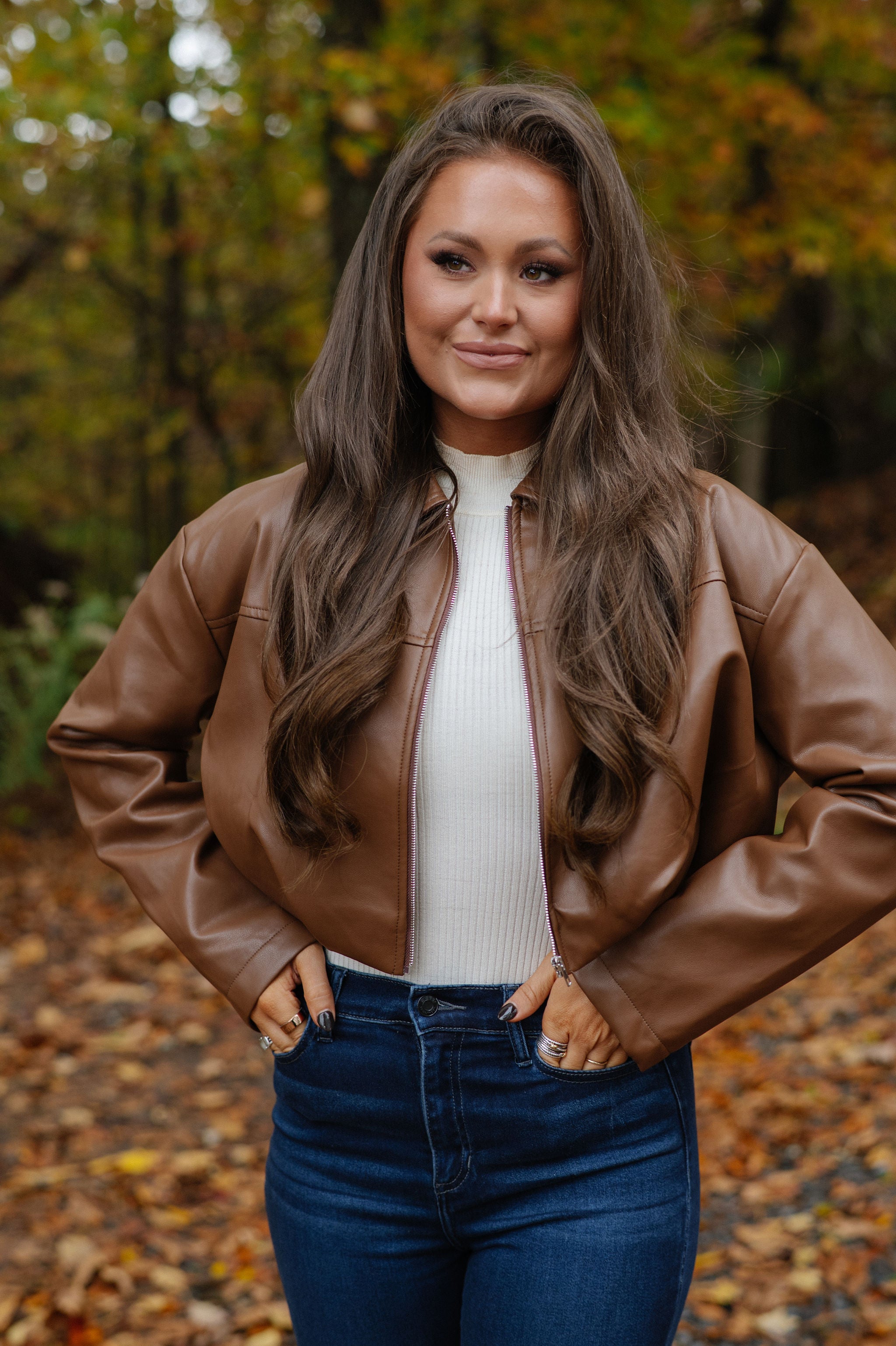 Leather Pleated Bubble Hem Jacket-Camel