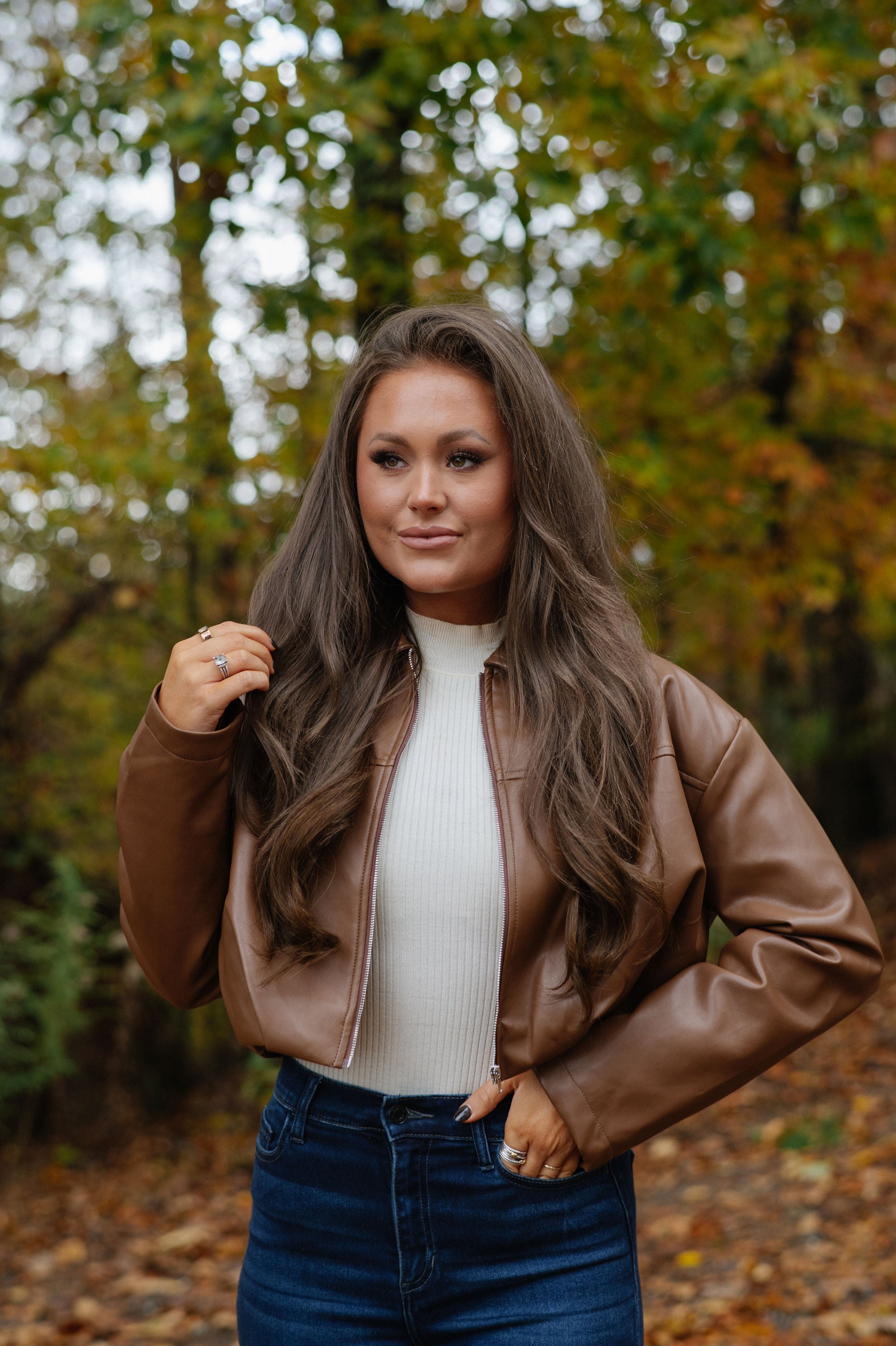 Leather Pleated Bubble Hem Jacket-Camel