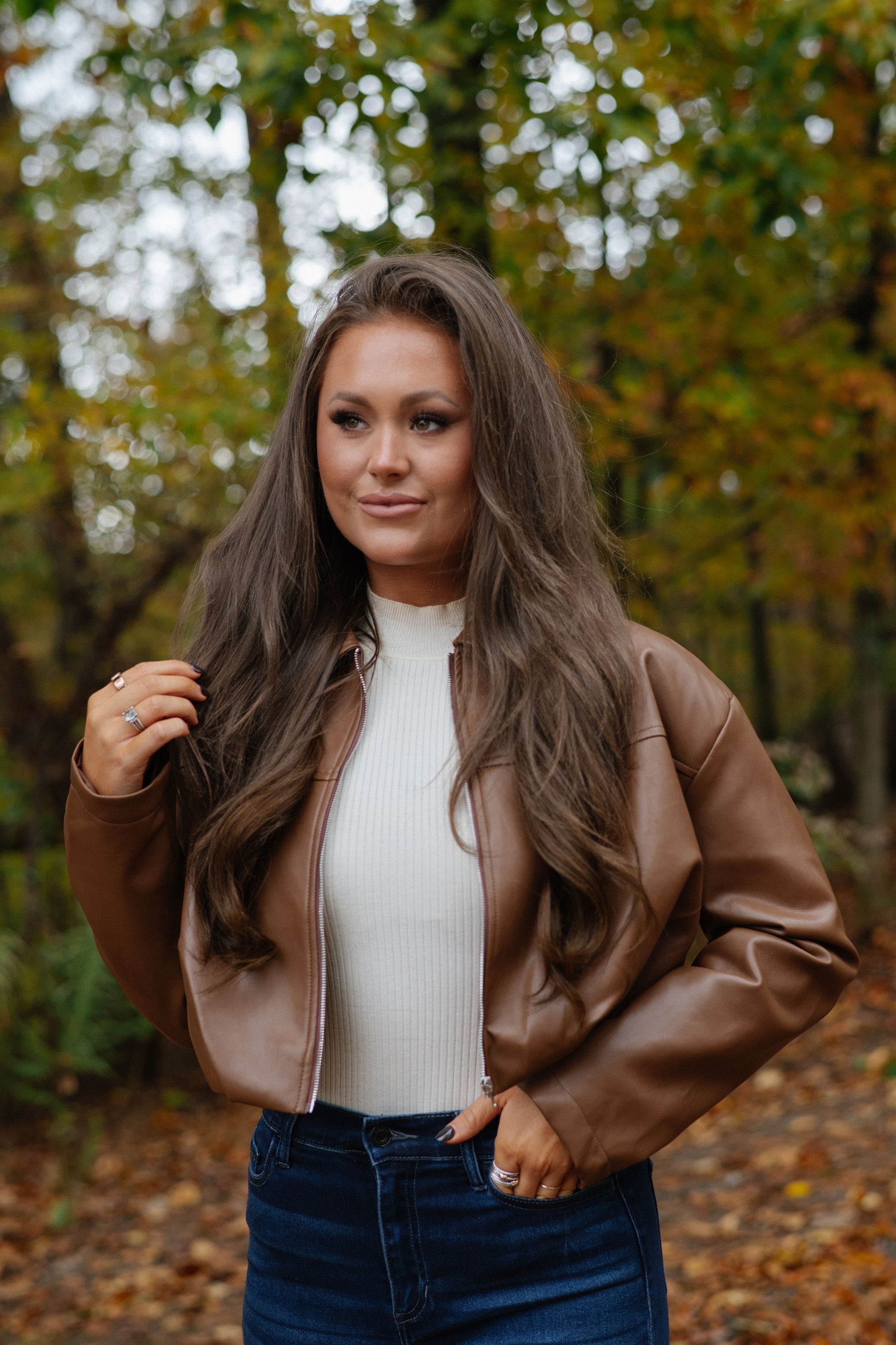 Leather Pleated Bubble Hem Jacket-Camel