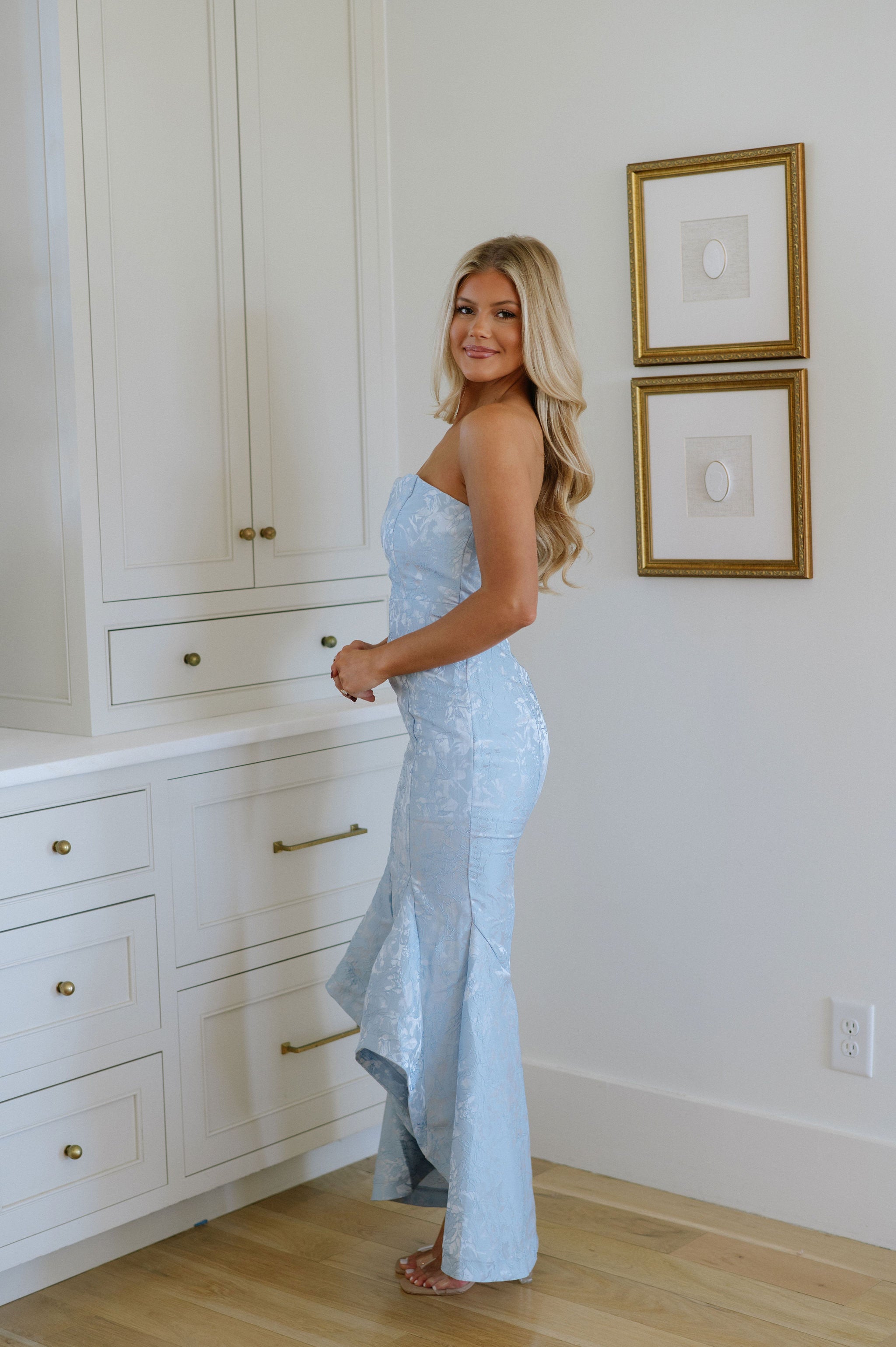 Satin Jacquard Mermaid Dress-Light Blue