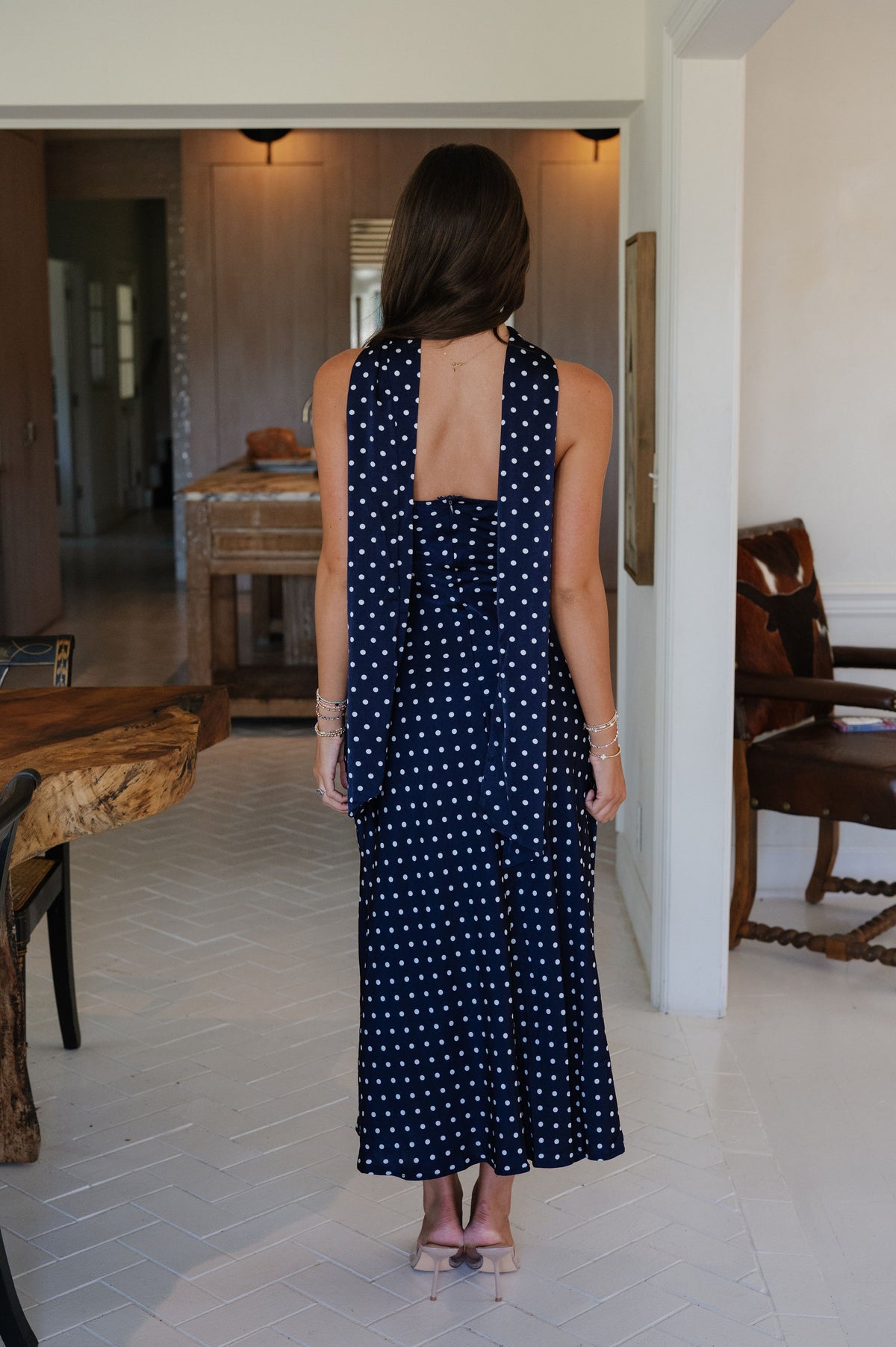 Strapless Polka Dot Midi Dress-Navy