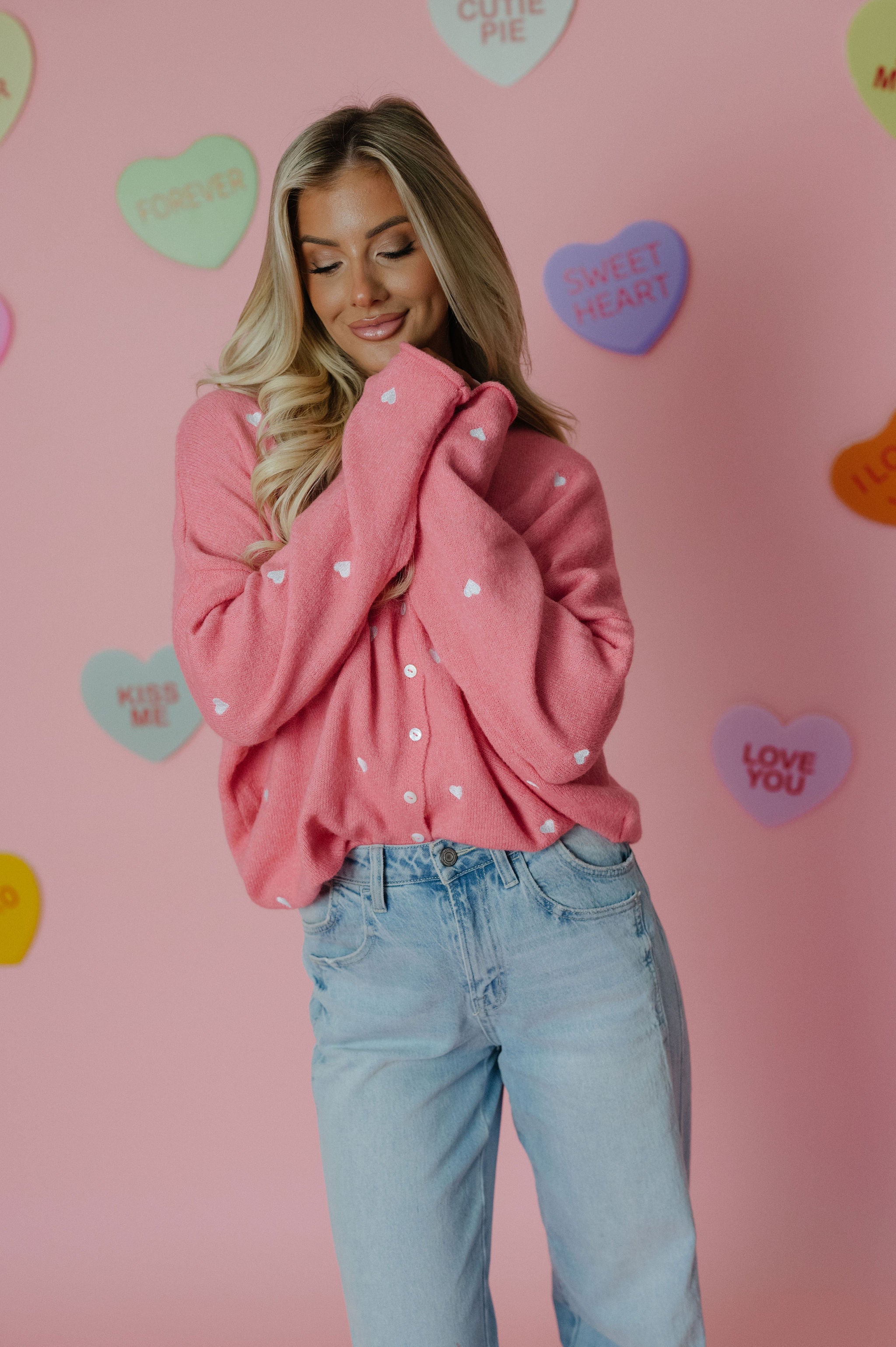 Heart Embroidered Cardigan-Rose