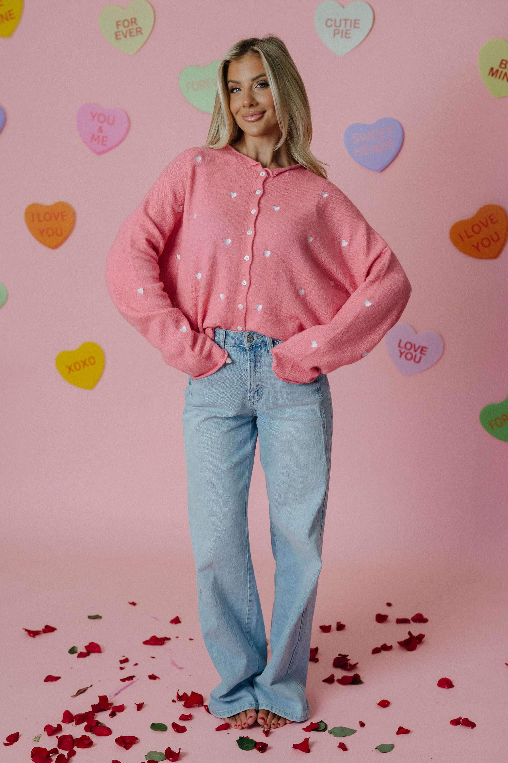 Heart Embroidered Cardigan-Rose