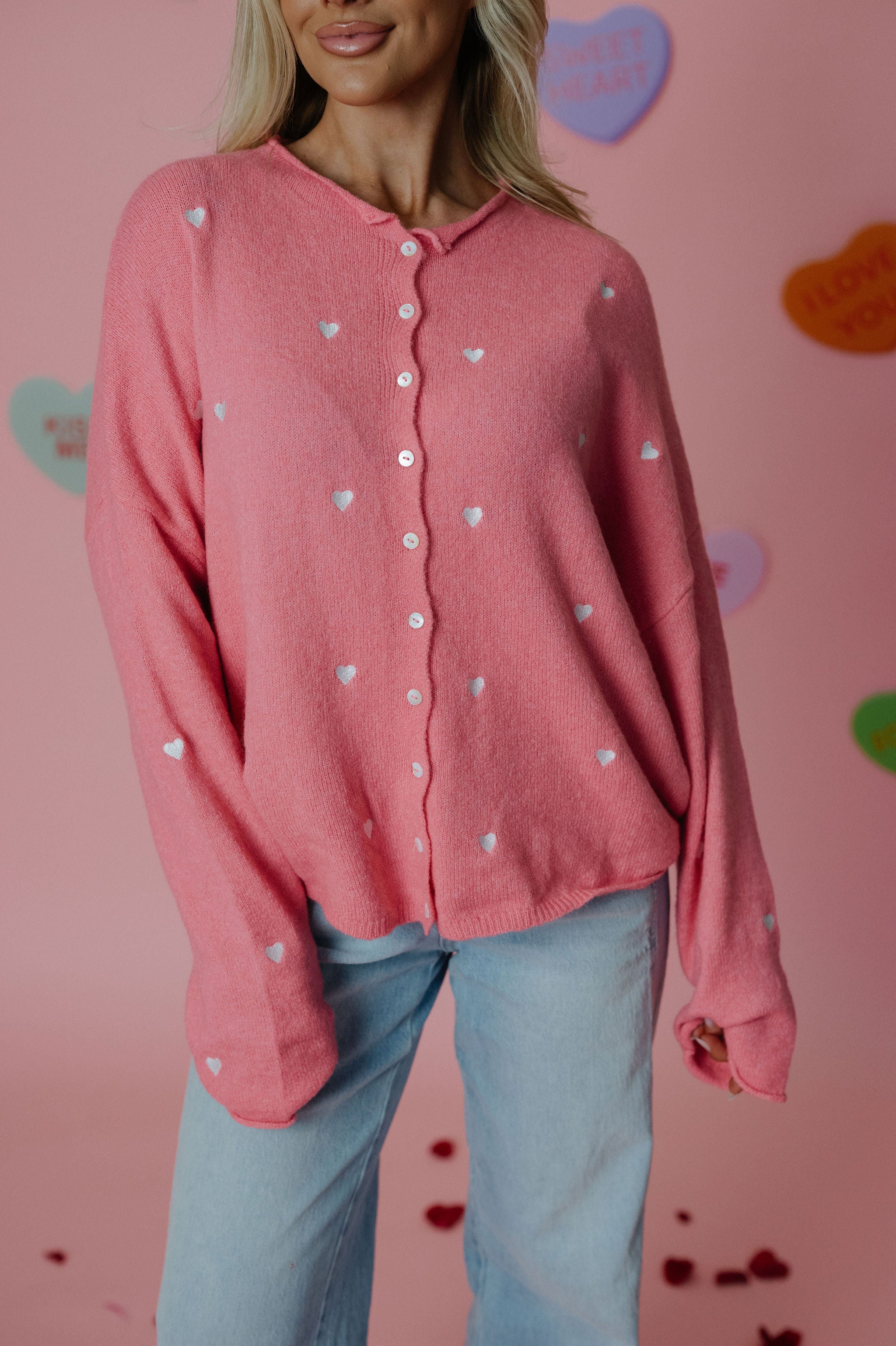 Heart Embroidered Cardigan-Rose