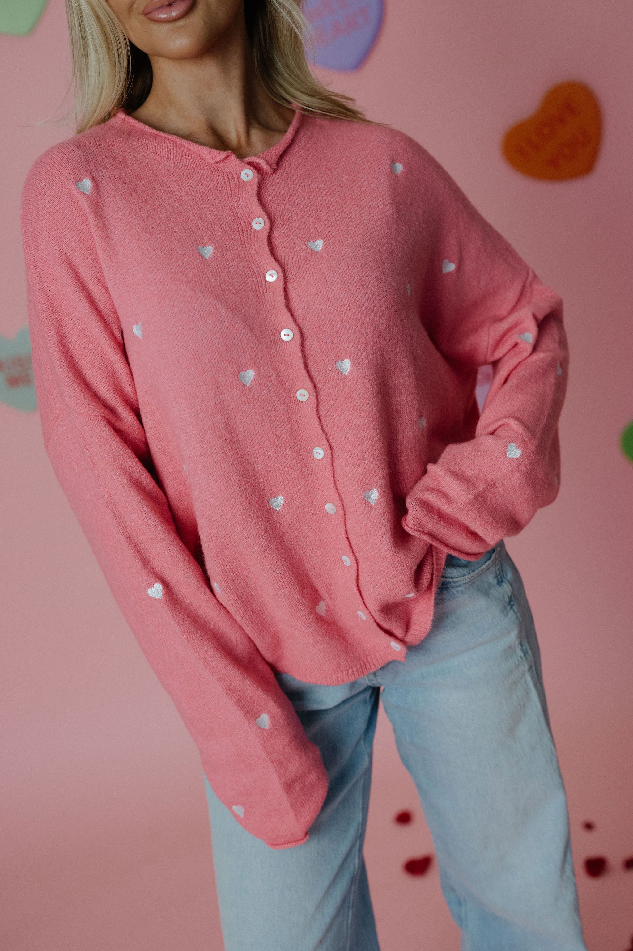 Heart Embroidered Cardigan-Rose