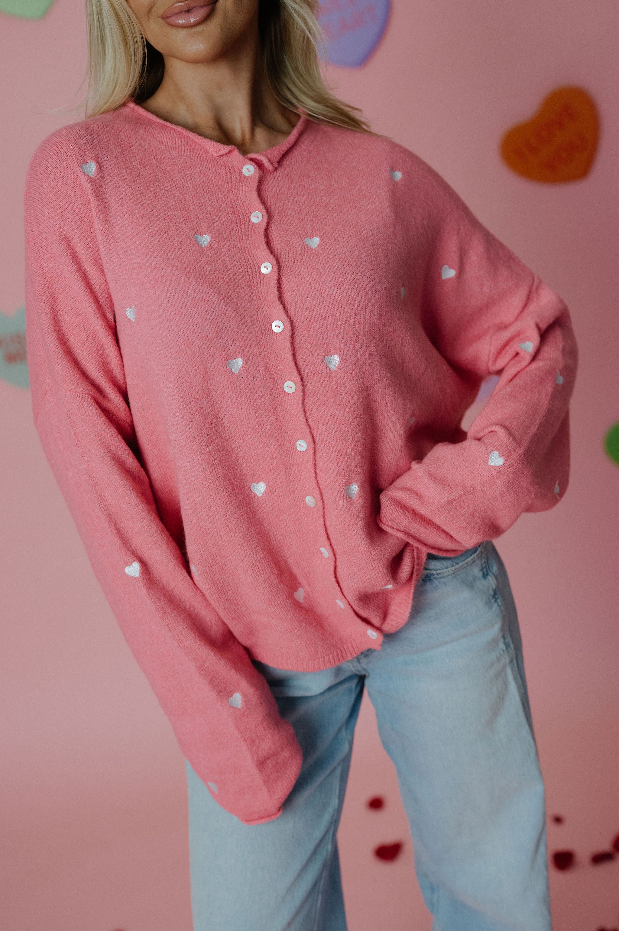 Heart Embroidered Cardigan-Rose