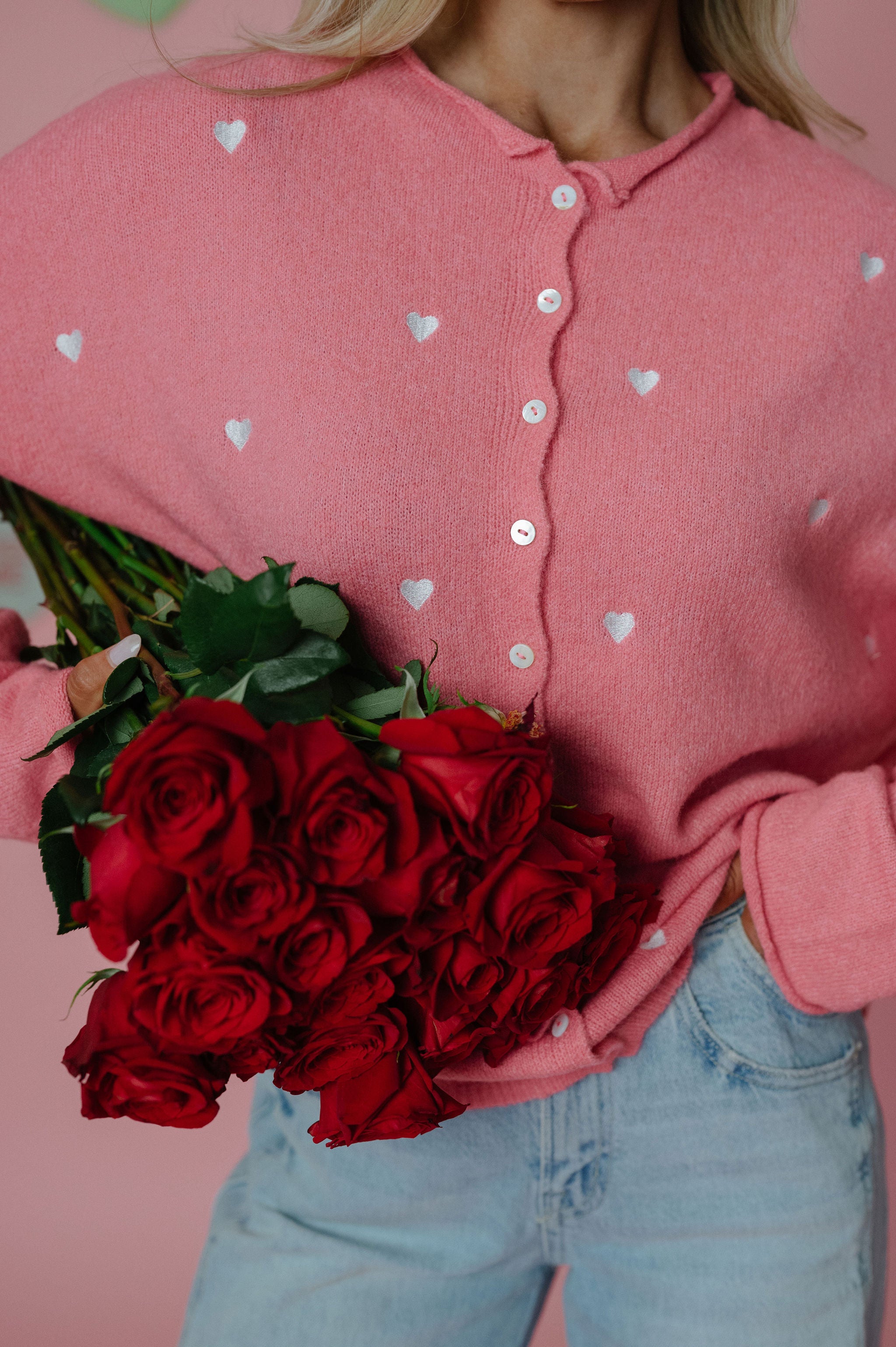 Heart Embroidered Cardigan-Rose
