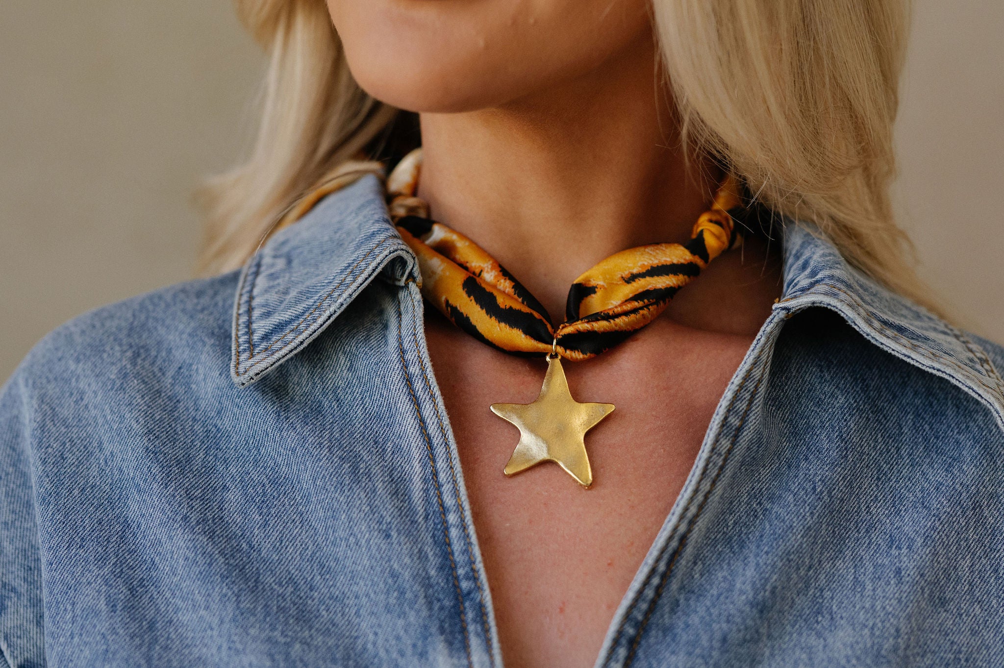 Tiger Print Anitique Gold Star Scarf Necklace