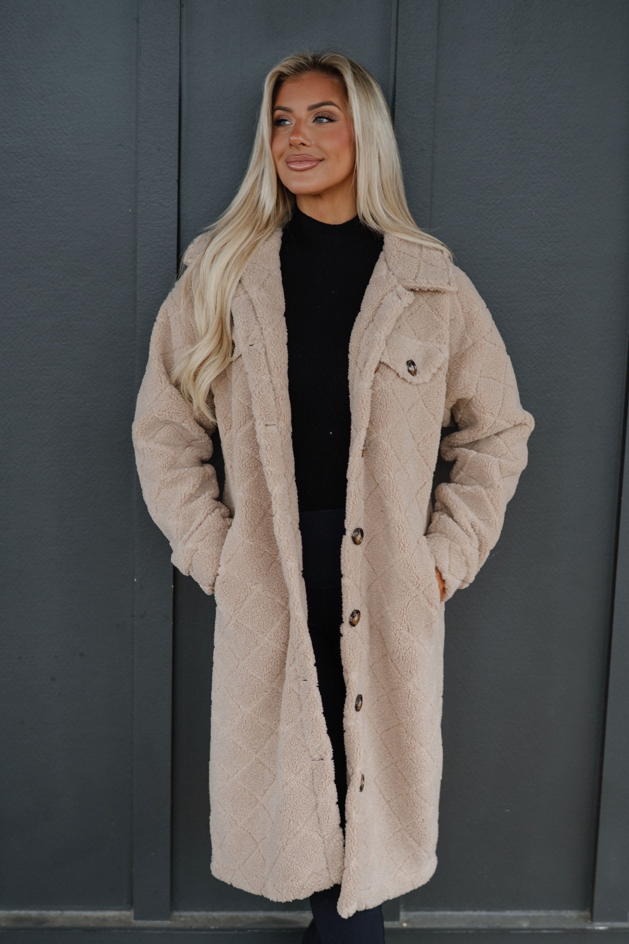 Winnie Long Teddy Jacket-Khaki