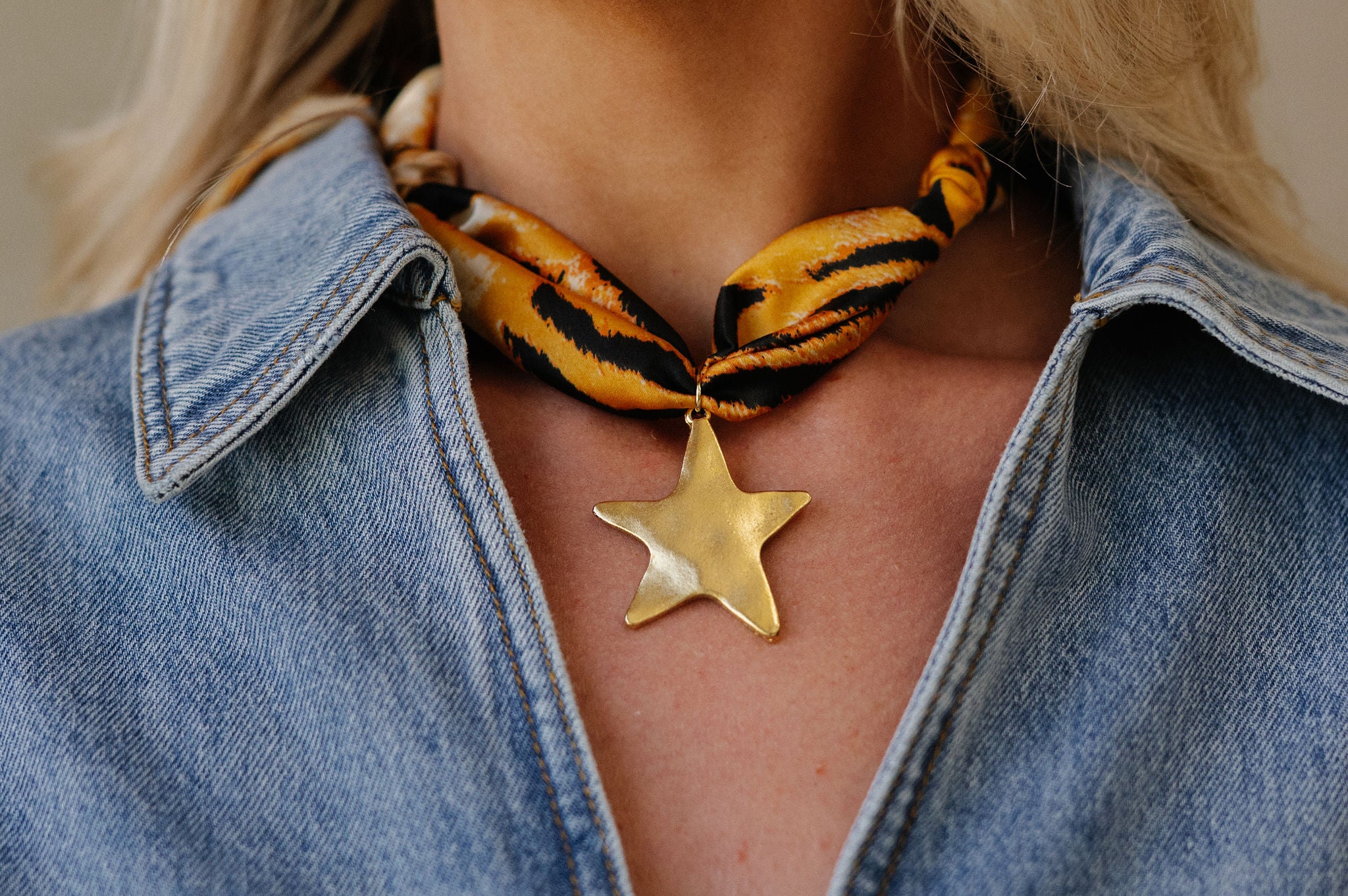 Tiger Print Anitique Gold Star Scarf Necklace
