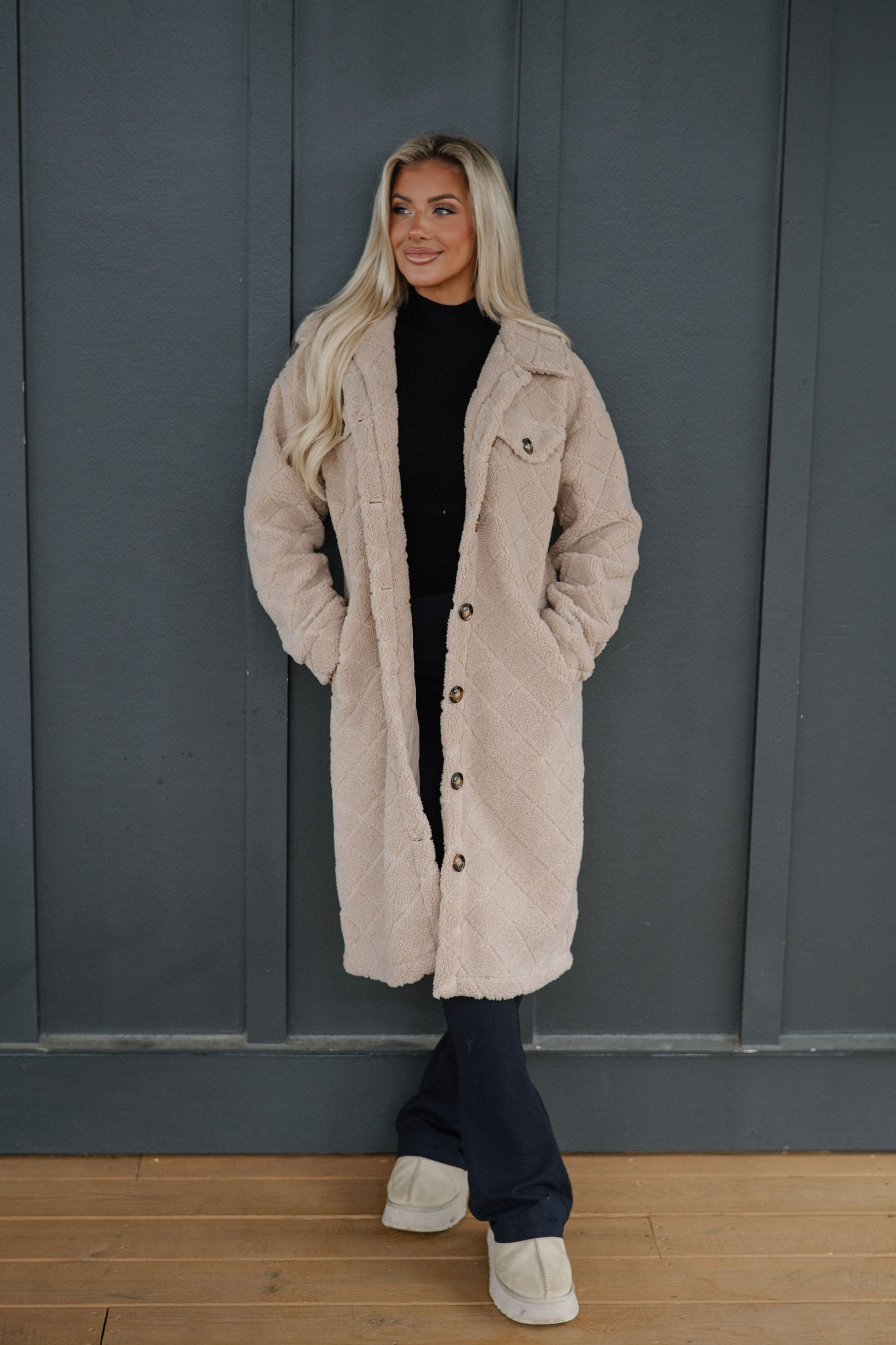 Winnie Long Teddy Jacket-Khaki