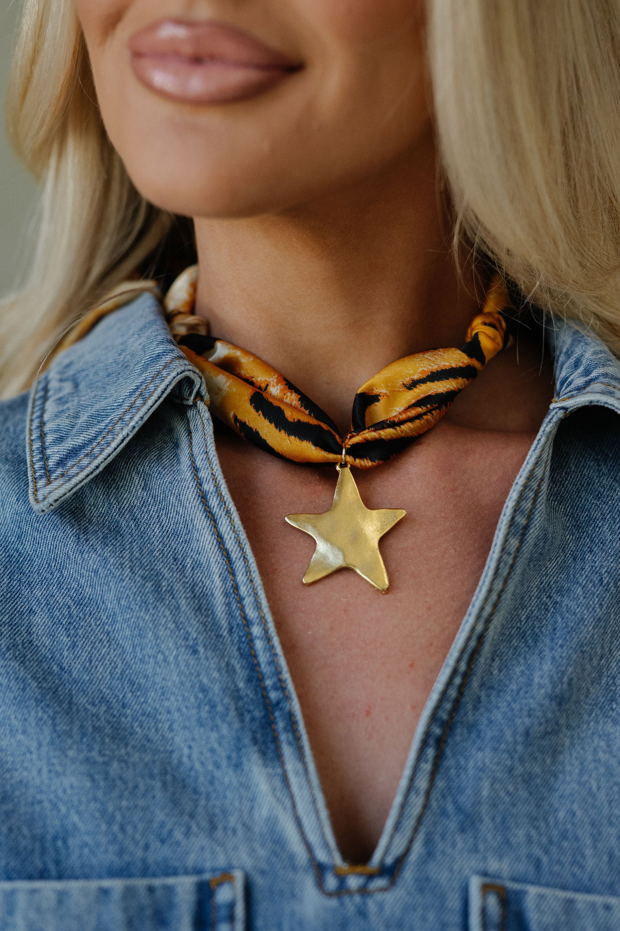 Tiger Print Anitique Gold Star Scarf Necklace