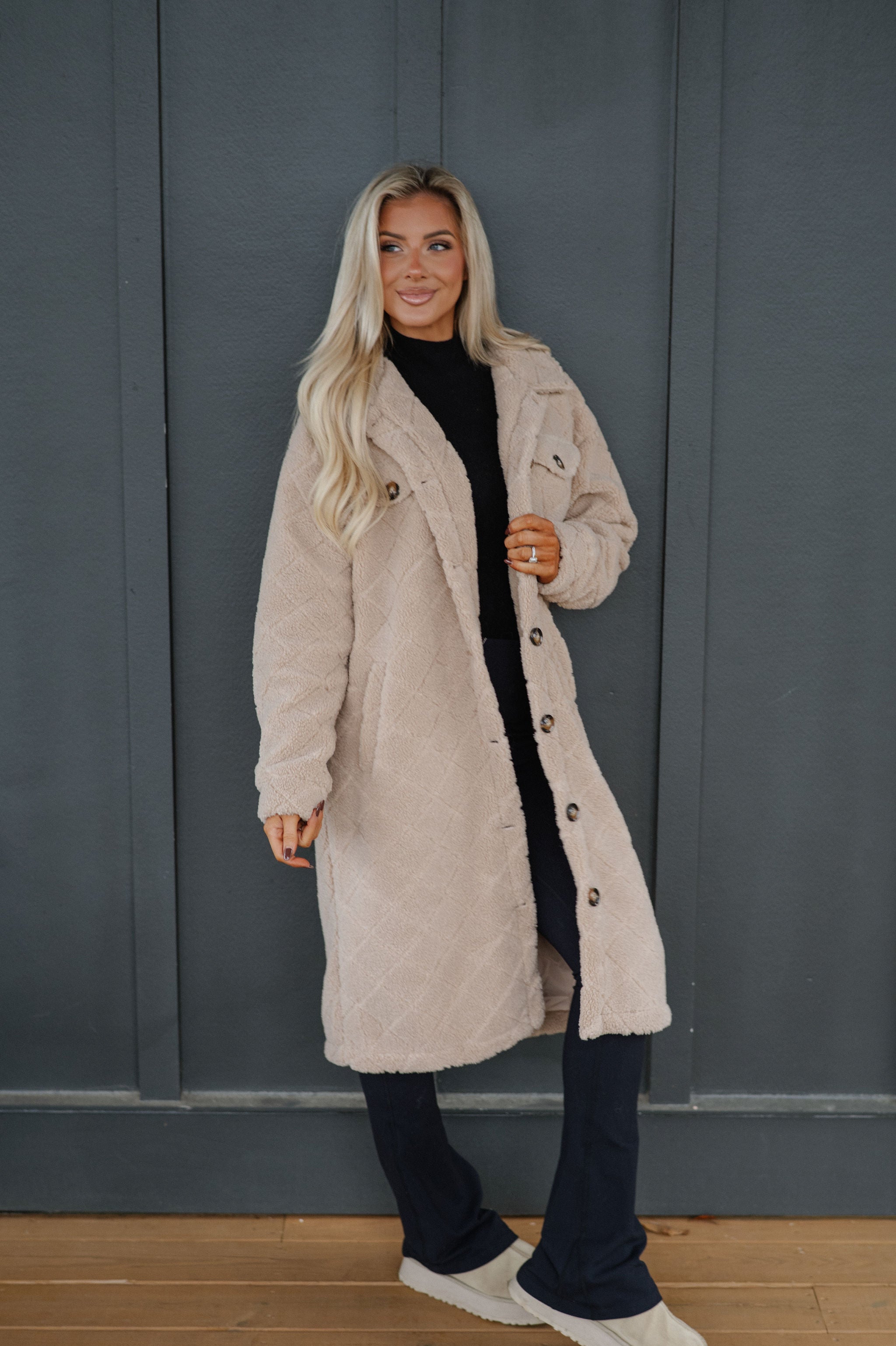 Winnie Long Teddy Jacket-Khaki