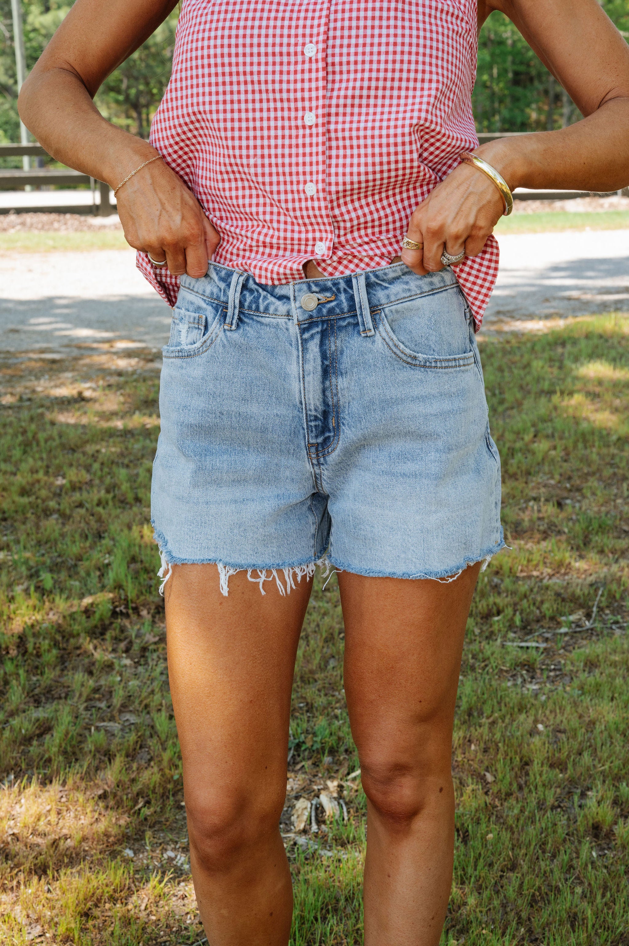 Lucy High Rise Distressed Hem Shorts