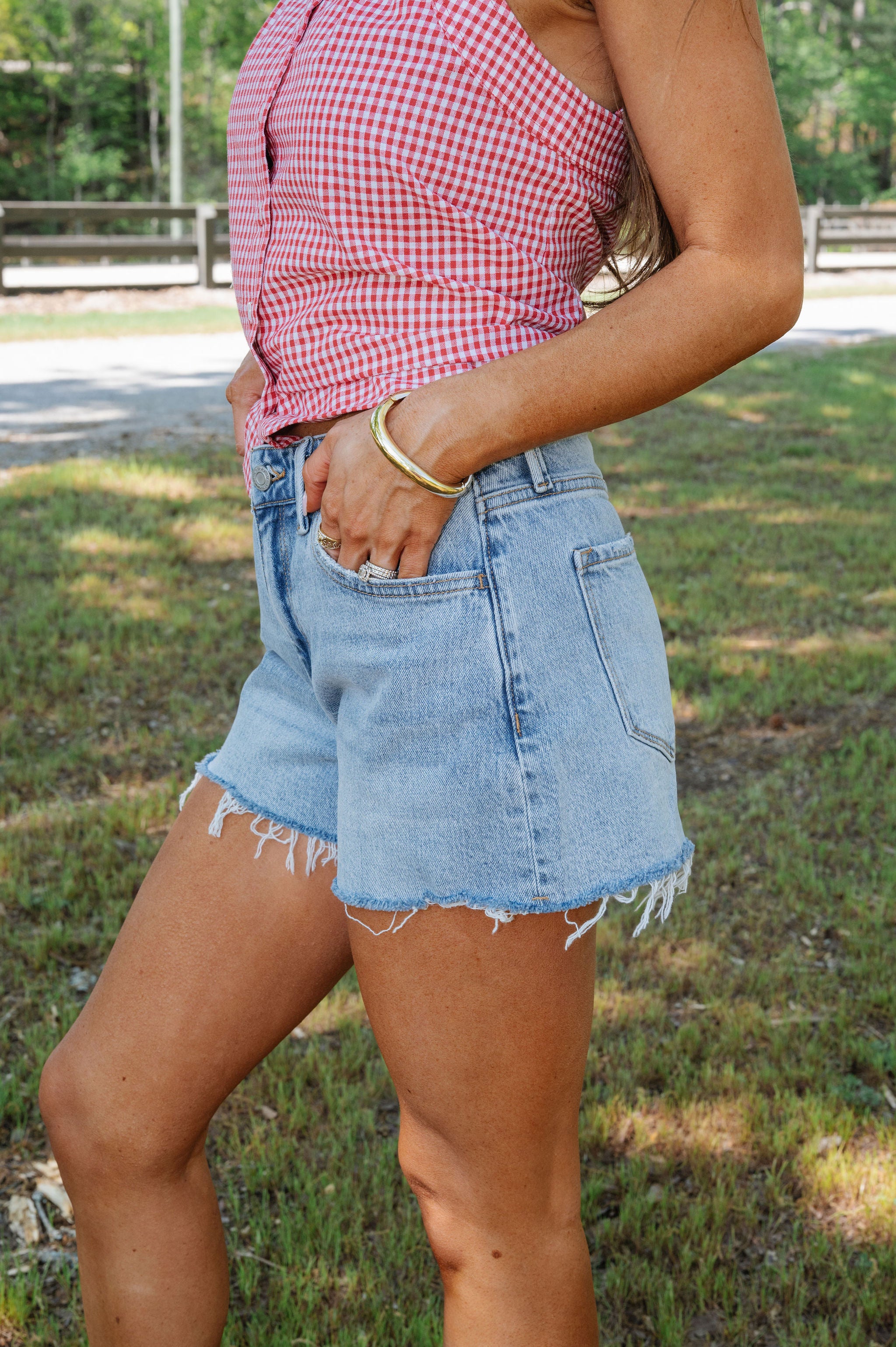Lucy High Rise Distressed Hem Shorts