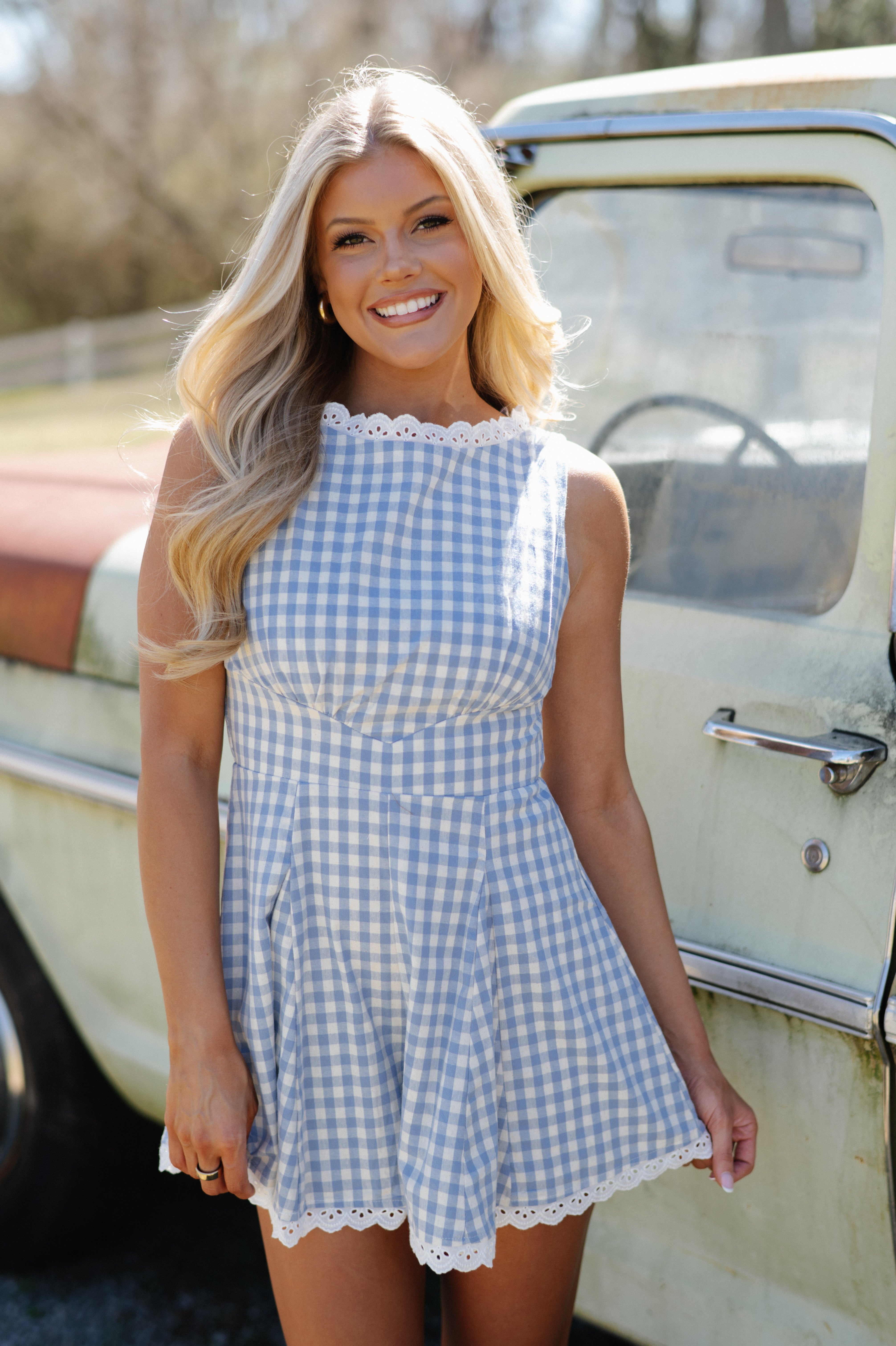 Levi Gingham Romper-Baby Blue