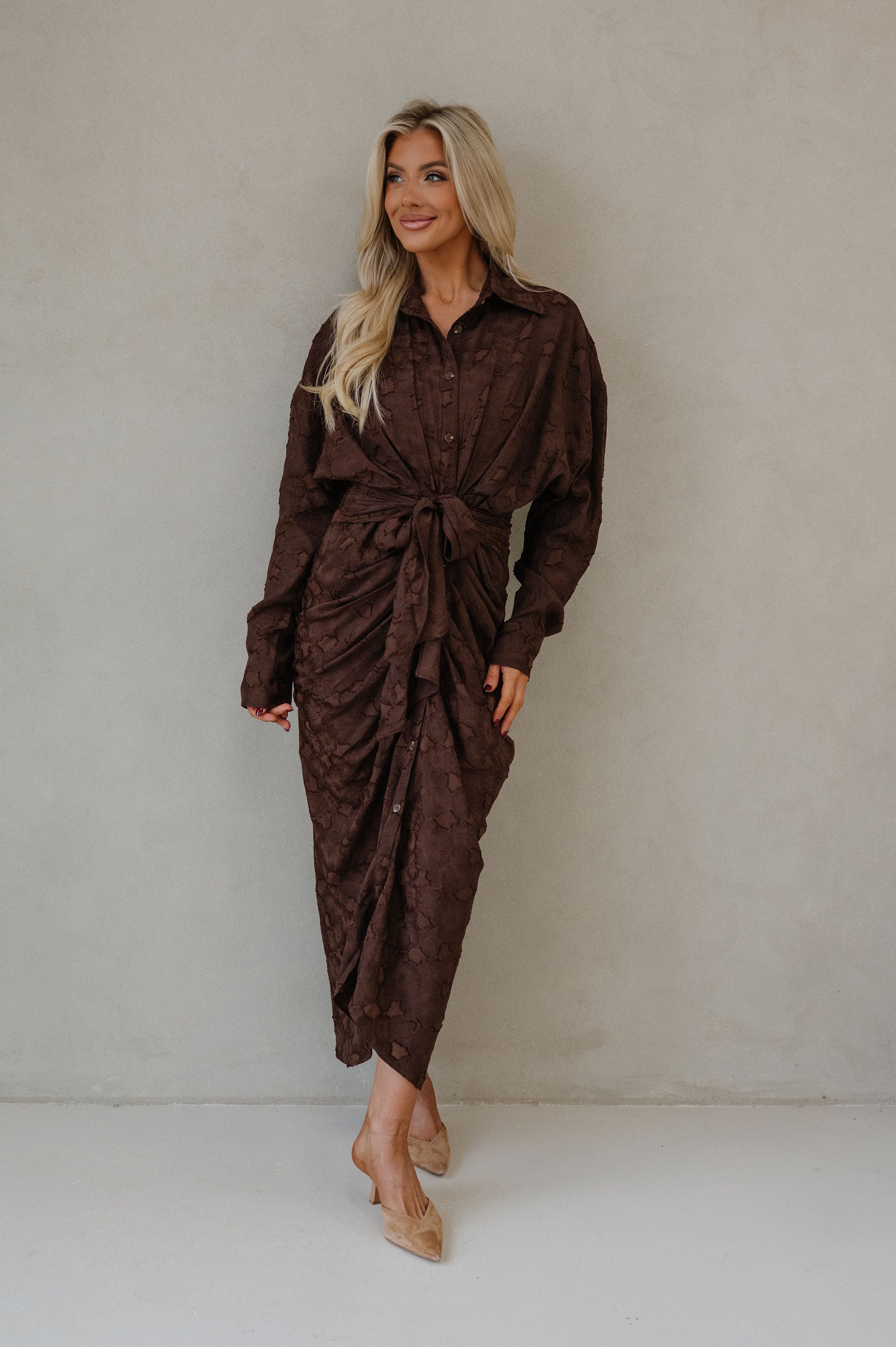 Lucy Jacquard Midi Dress-Chocolate Brown