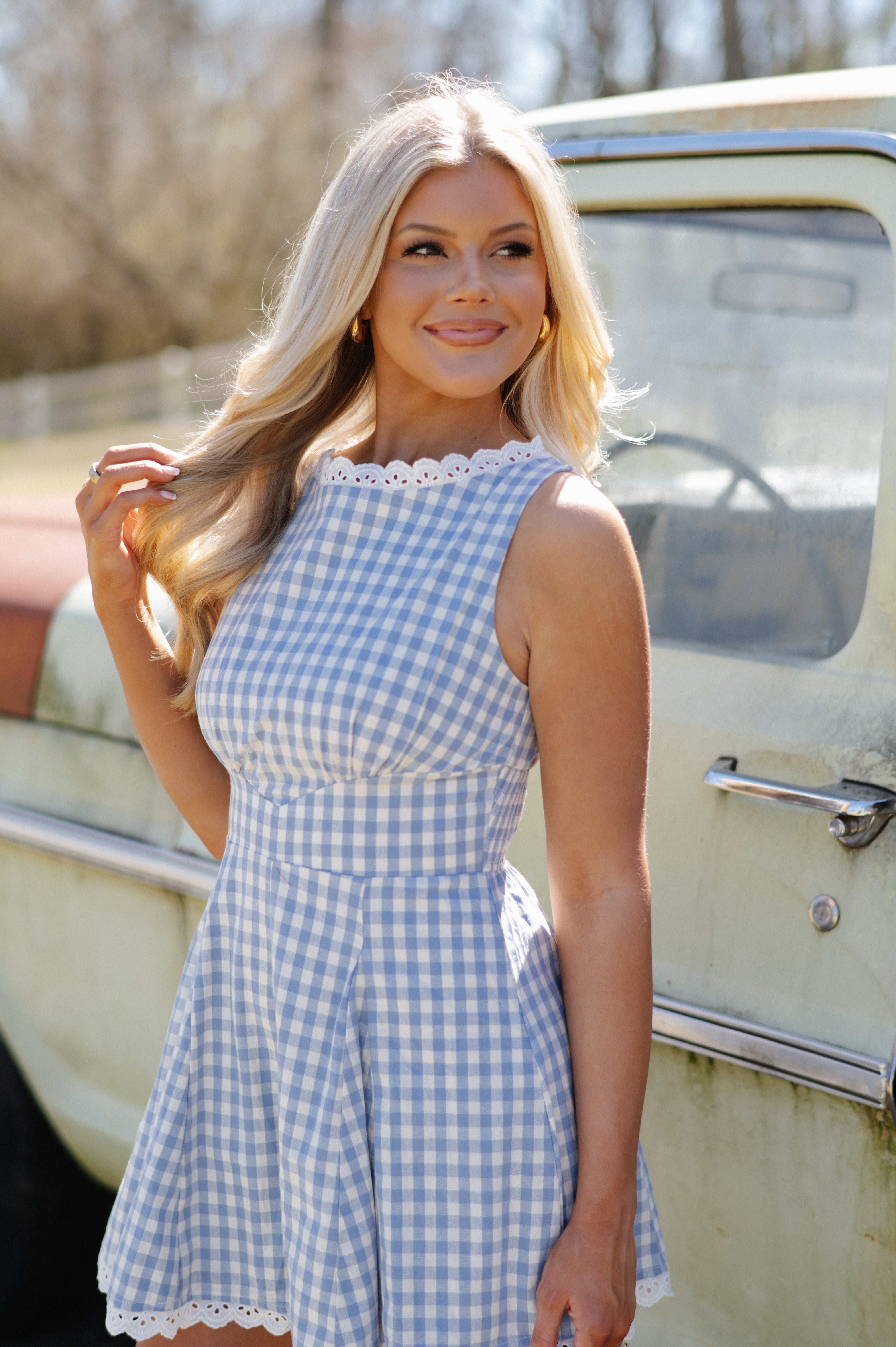 Levi Gingham Romper-Baby Blue