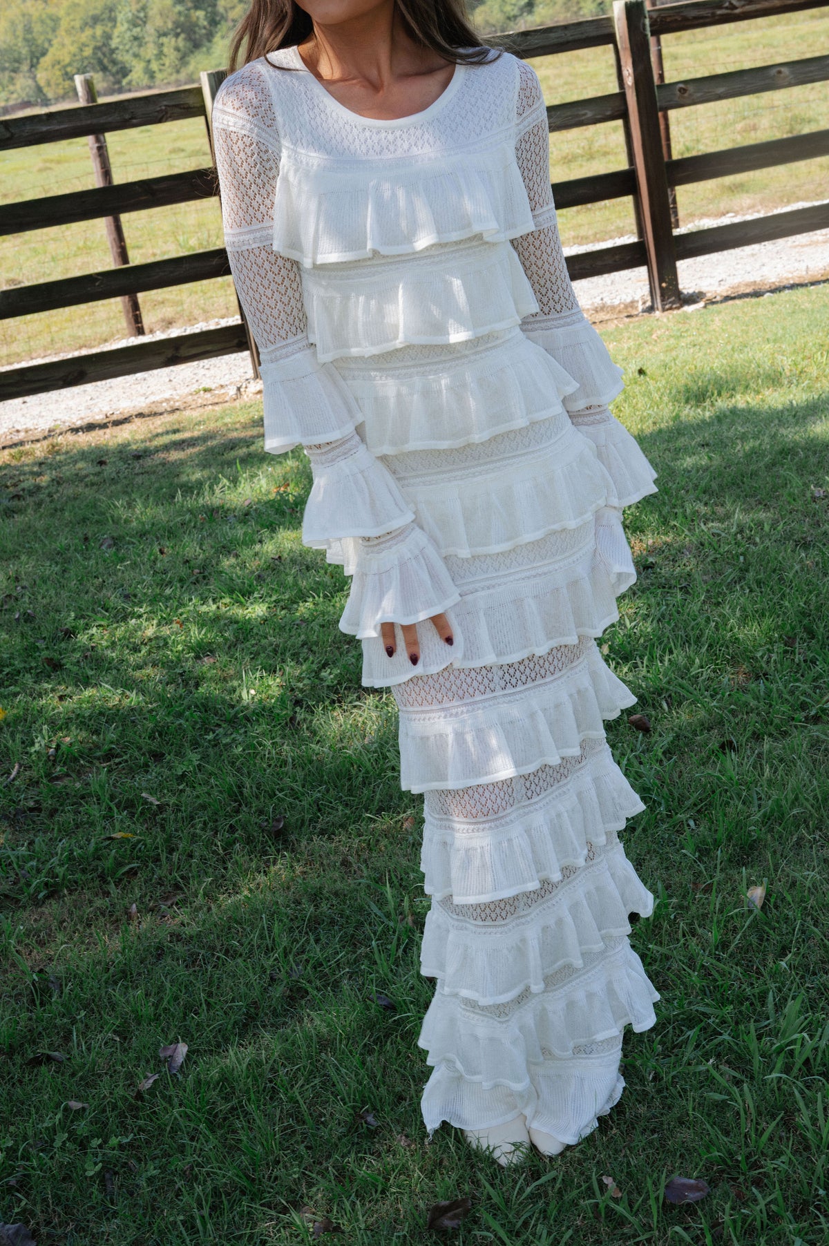 Ally Long Sleeve Tiered Ruffle Maxi Dress-Cream