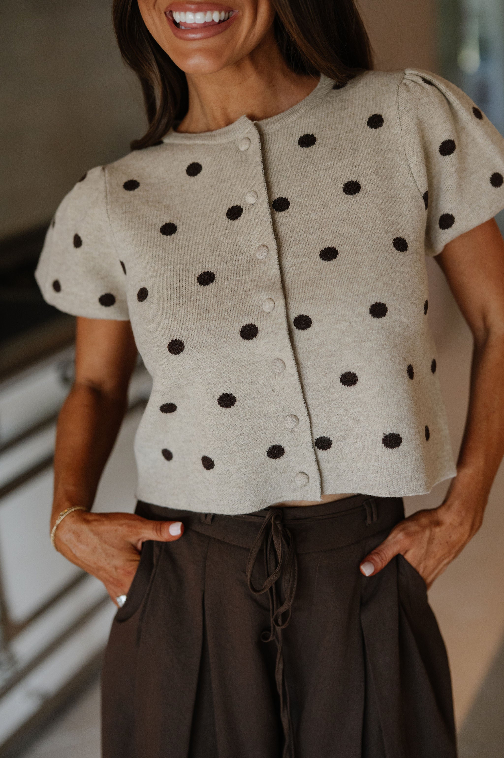 Gemma Polka Dot Cardigan-Taupe
