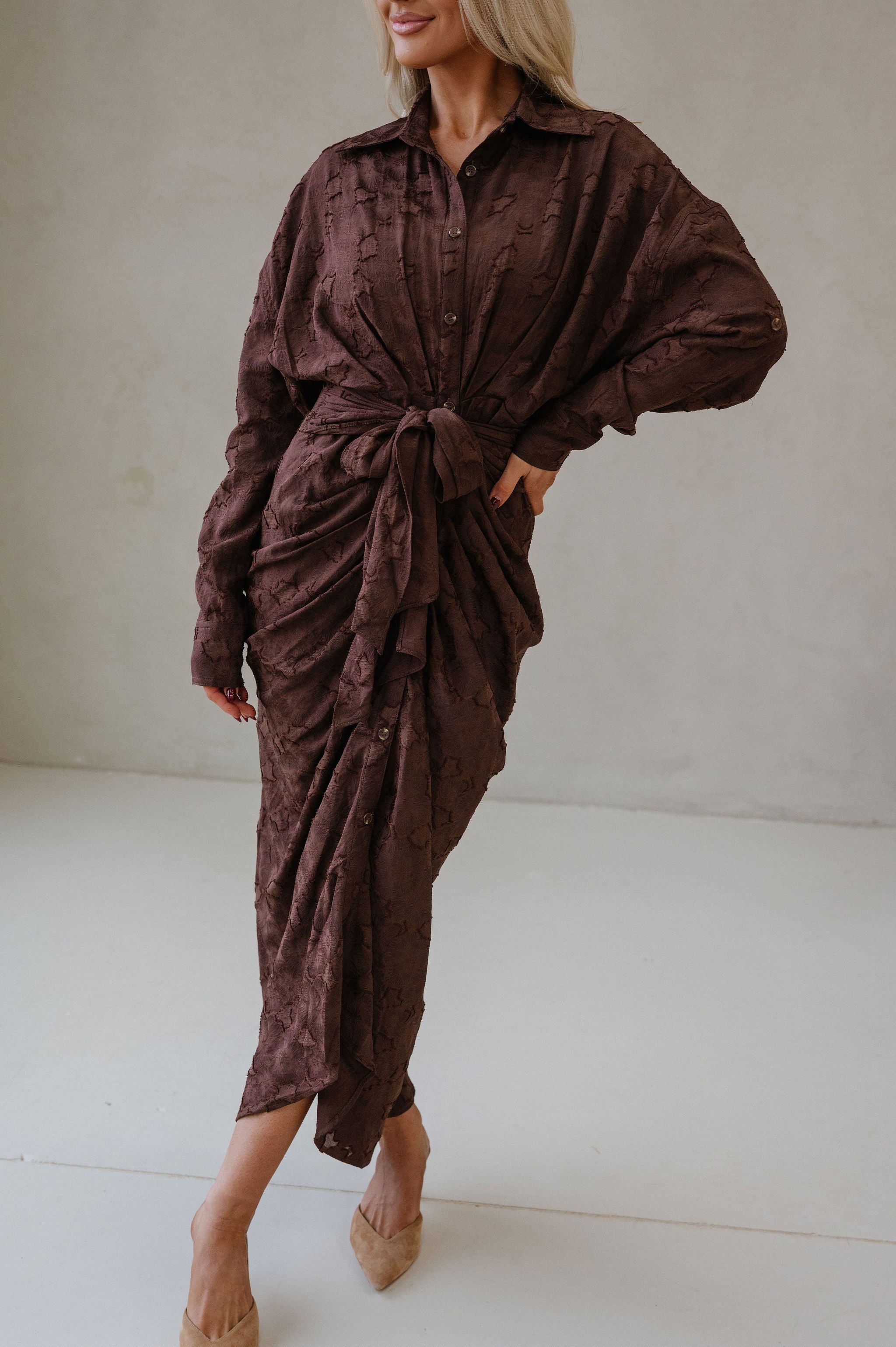 Lucy Jacquard Midi Dress-Chocolate Brown