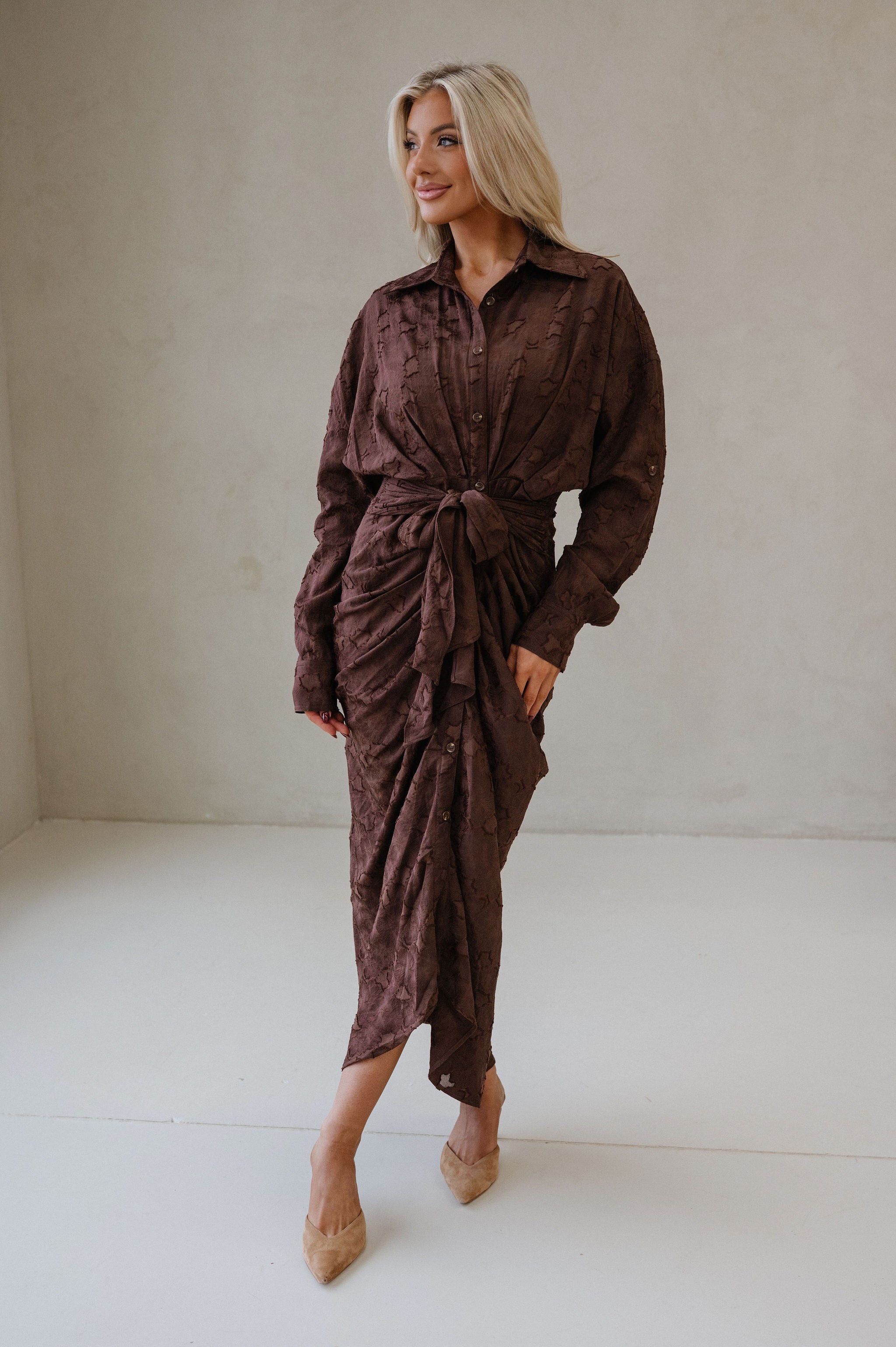 Lucy Jacquard Midi Dress-Chocolate Brown