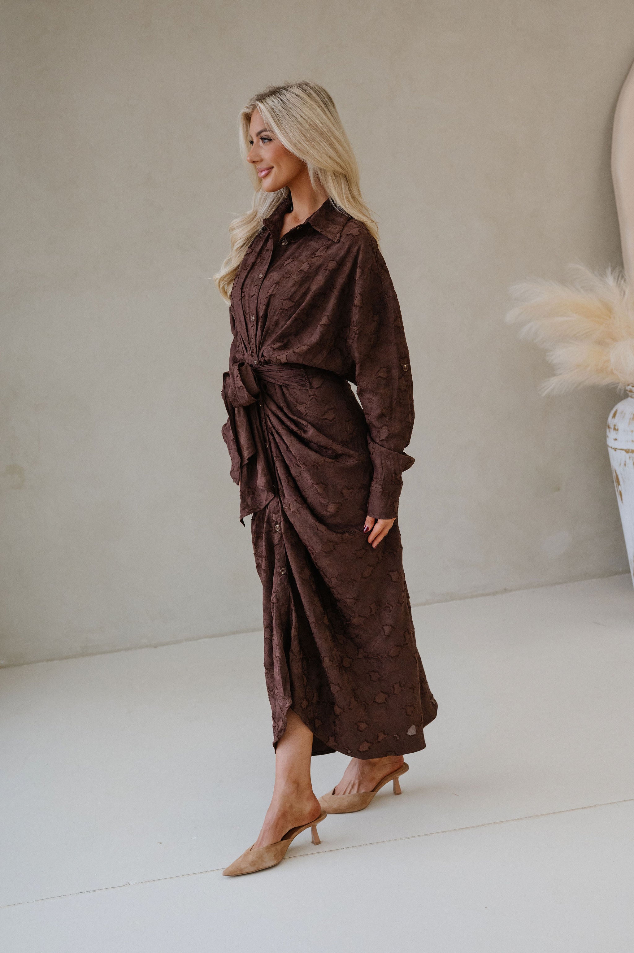 Lucy Jacquard Midi Dress-Chocolate Brown