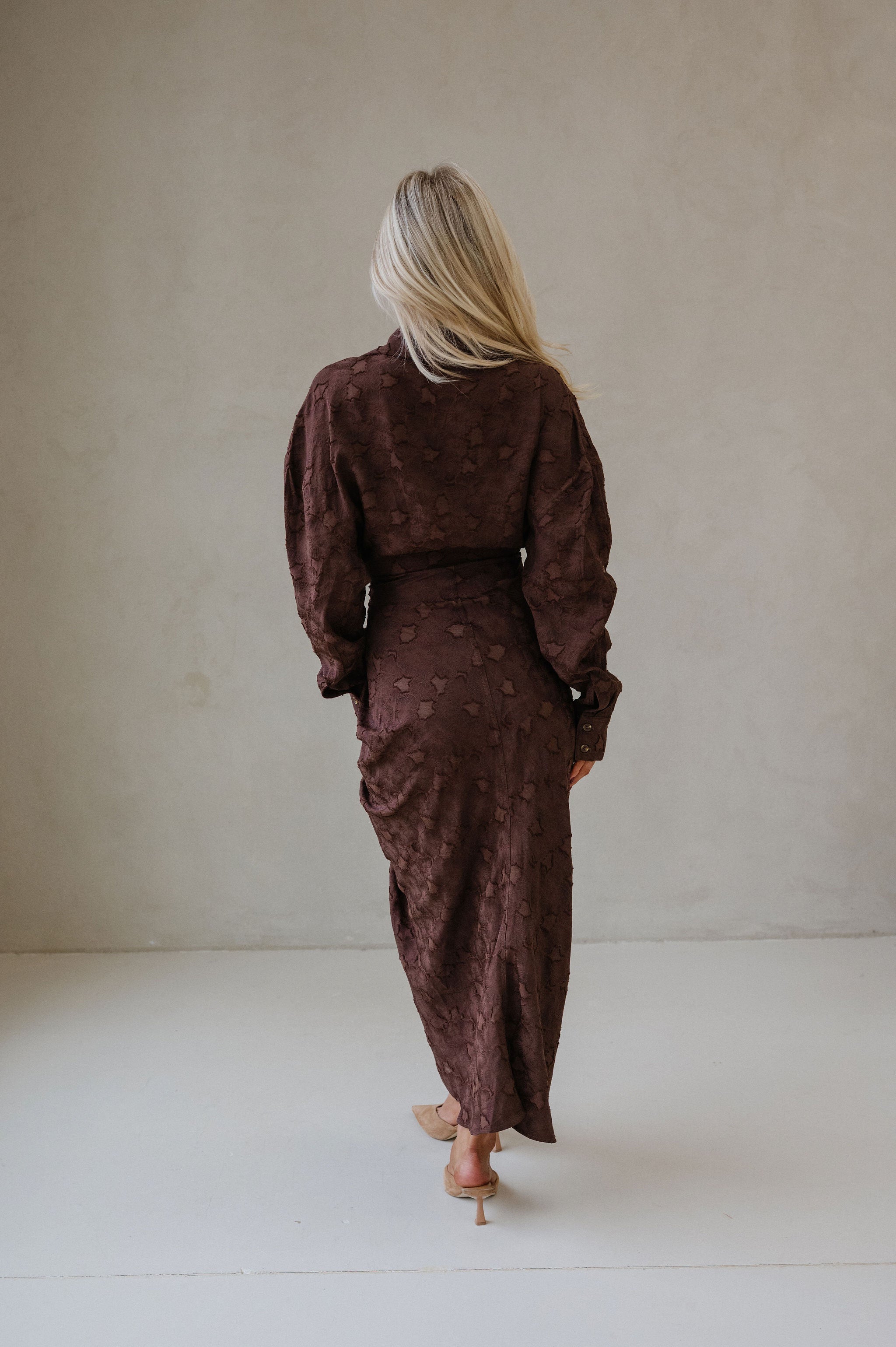 Lucy Jacquard Midi Dress-Chocolate Brown