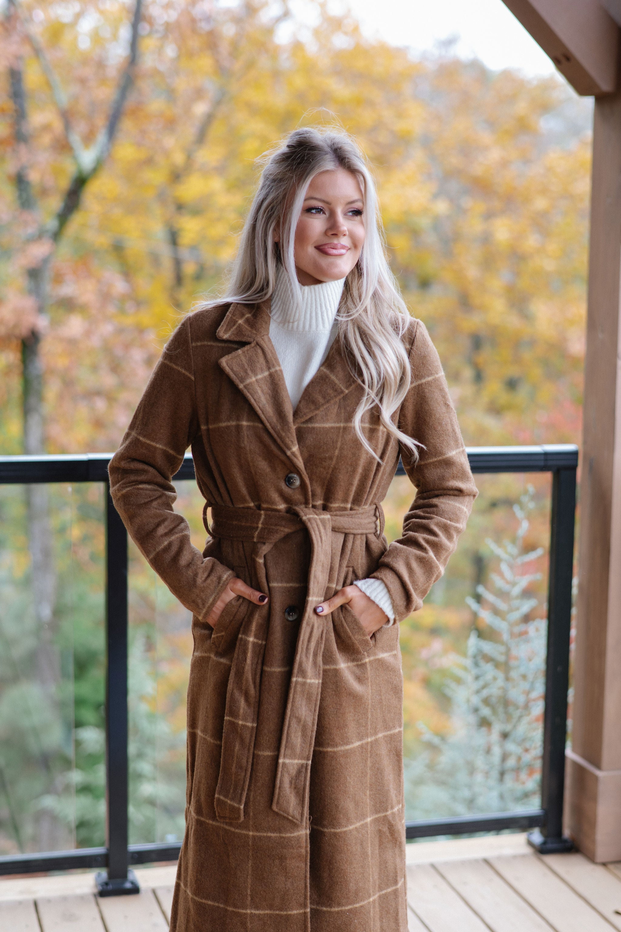 Belted Grid Overcoat-Camel