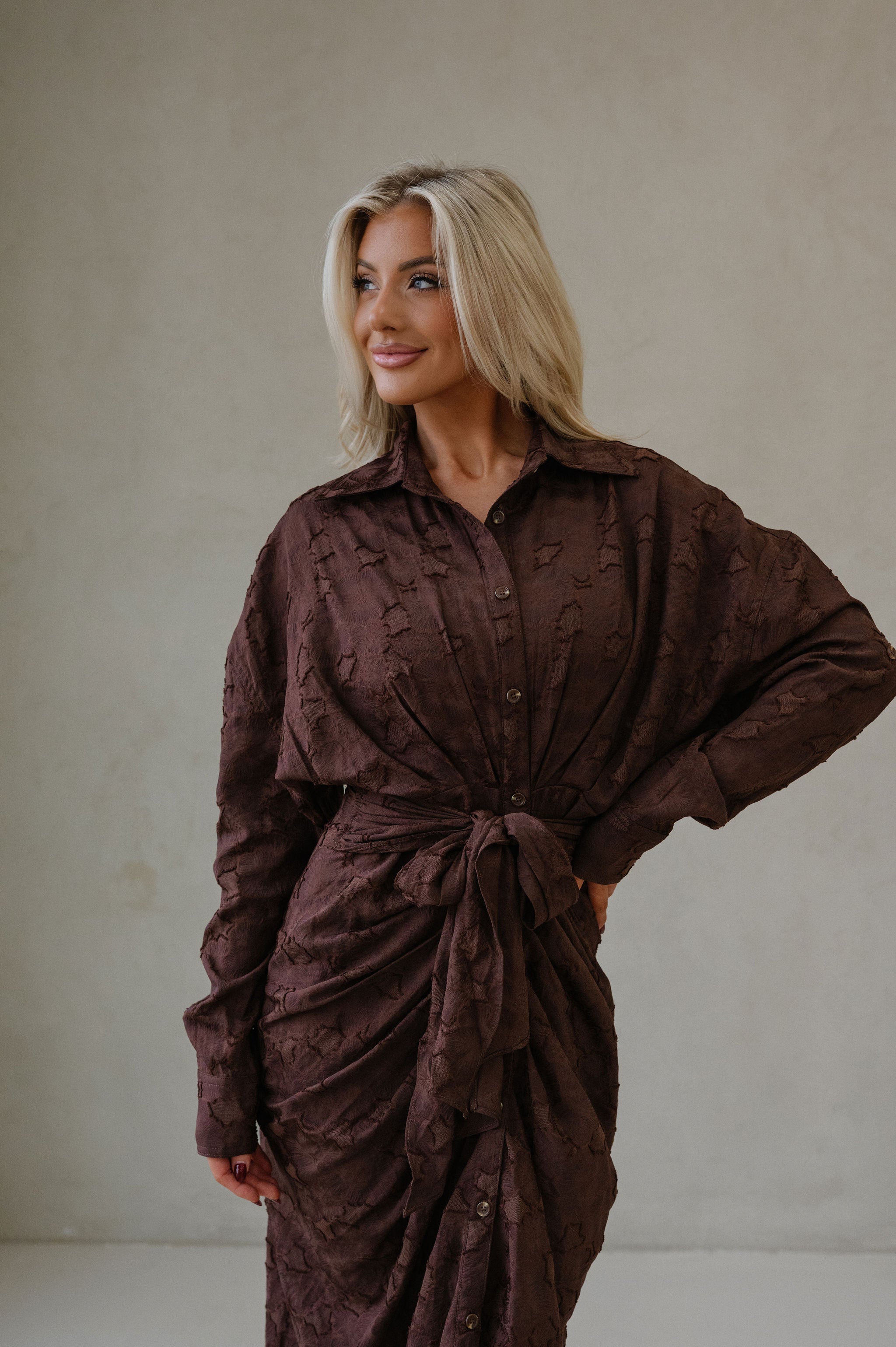 Lucy Jacquard Midi Dress-Chocolate Brown