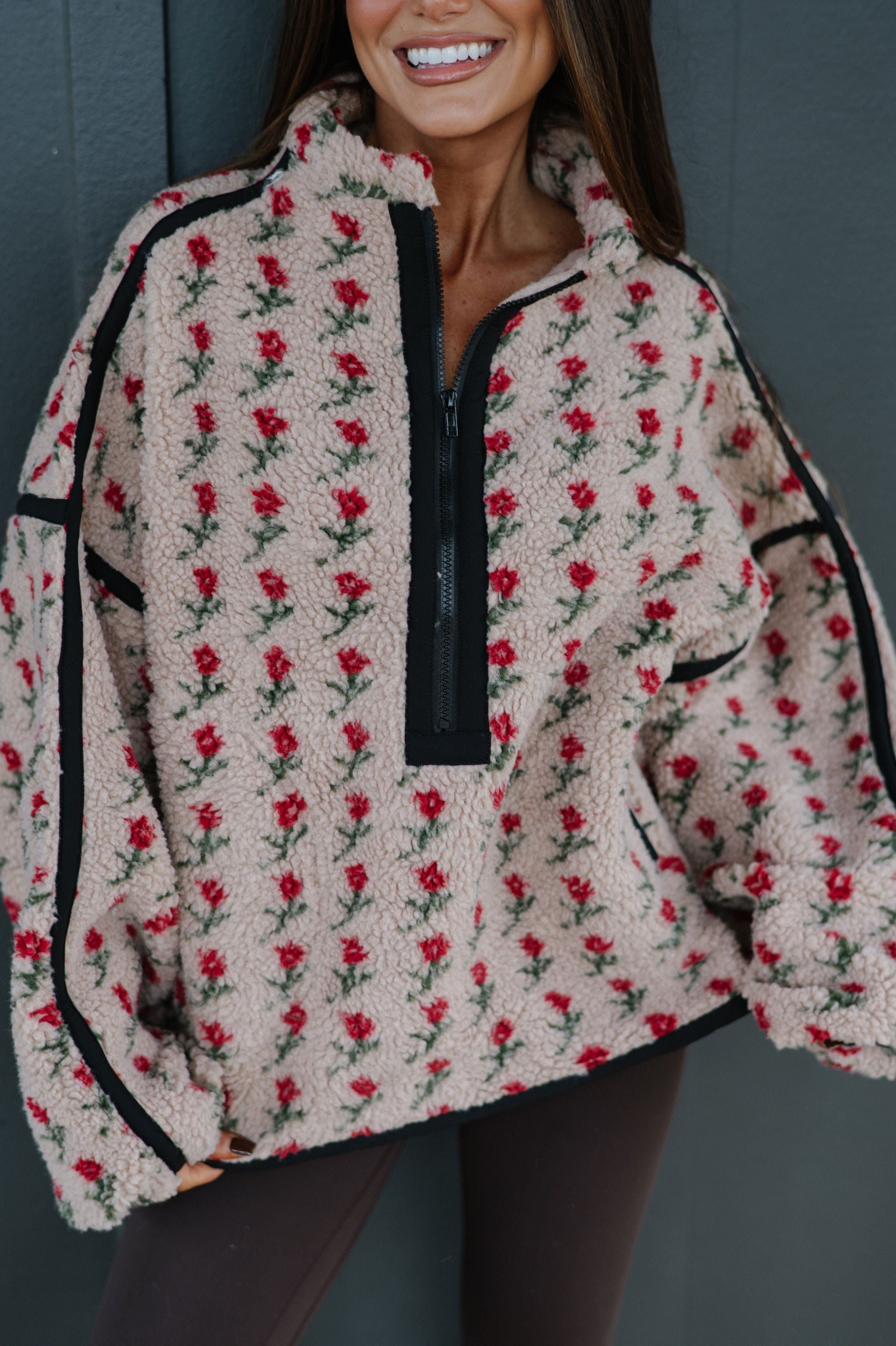 Floral Fleece Half-Zip Pullover-Sand