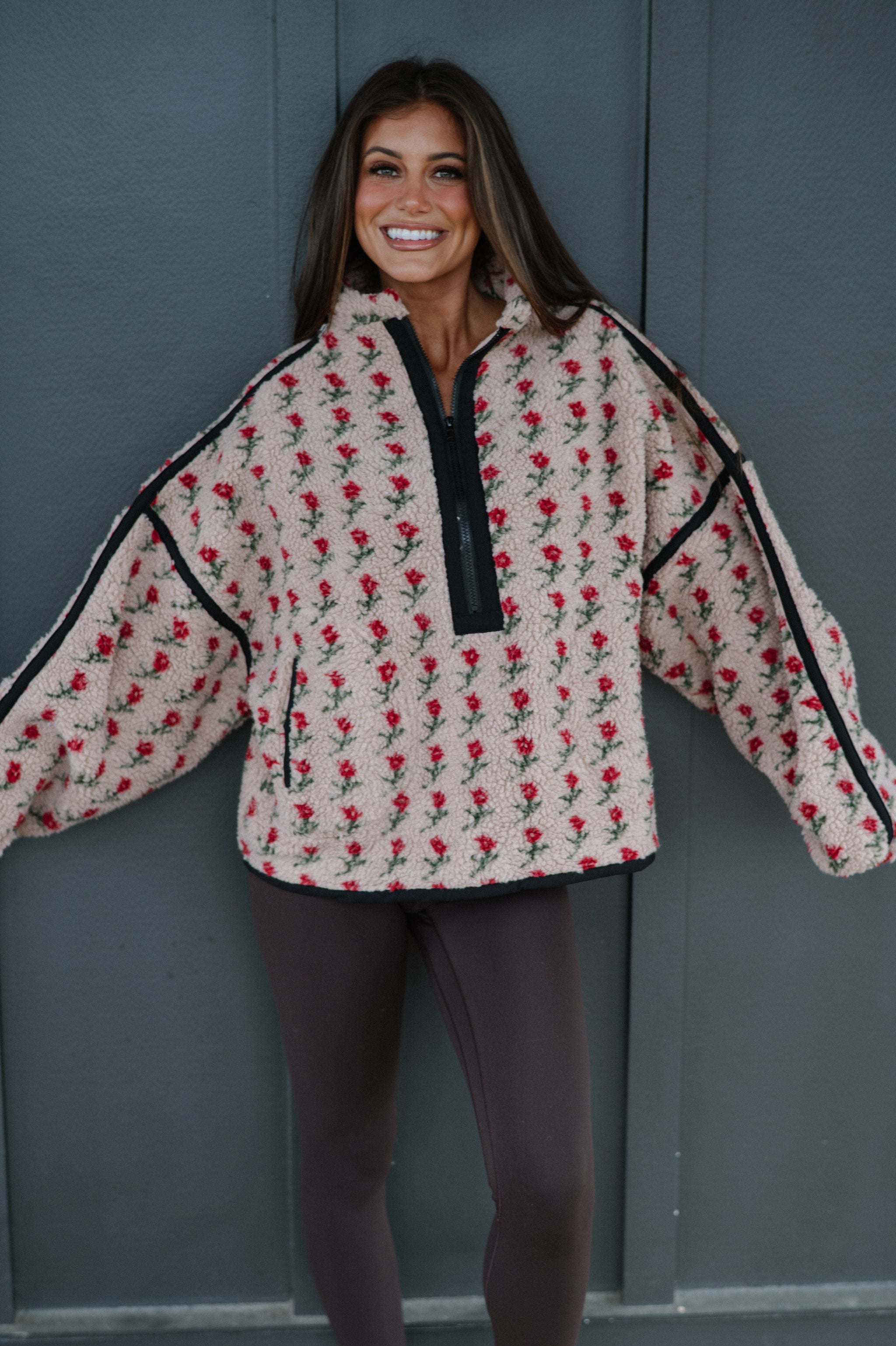 Floral Fleece Half-Zip Pullover-Sand