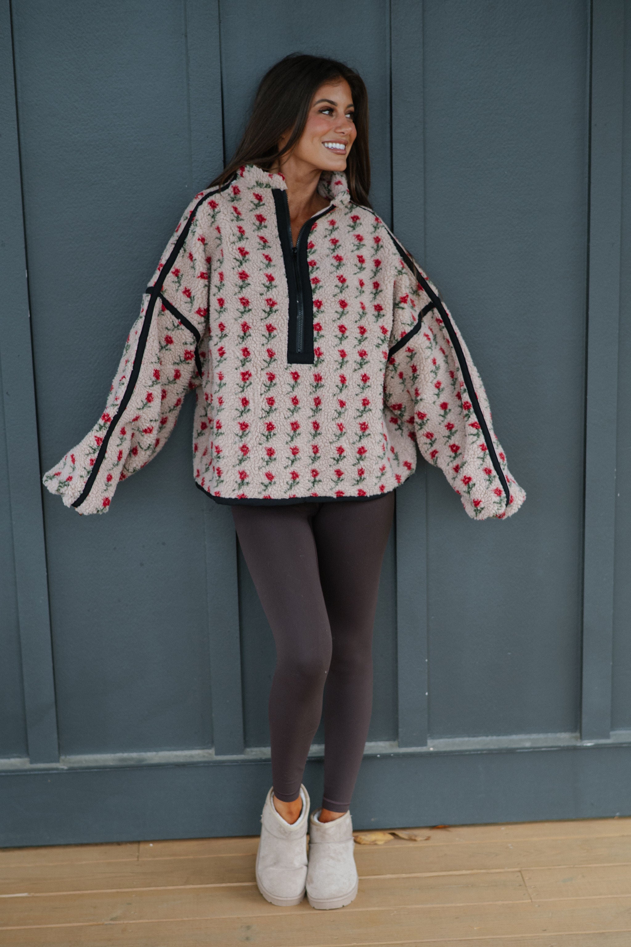 Floral Fleece Half-Zip Pullover-Sand