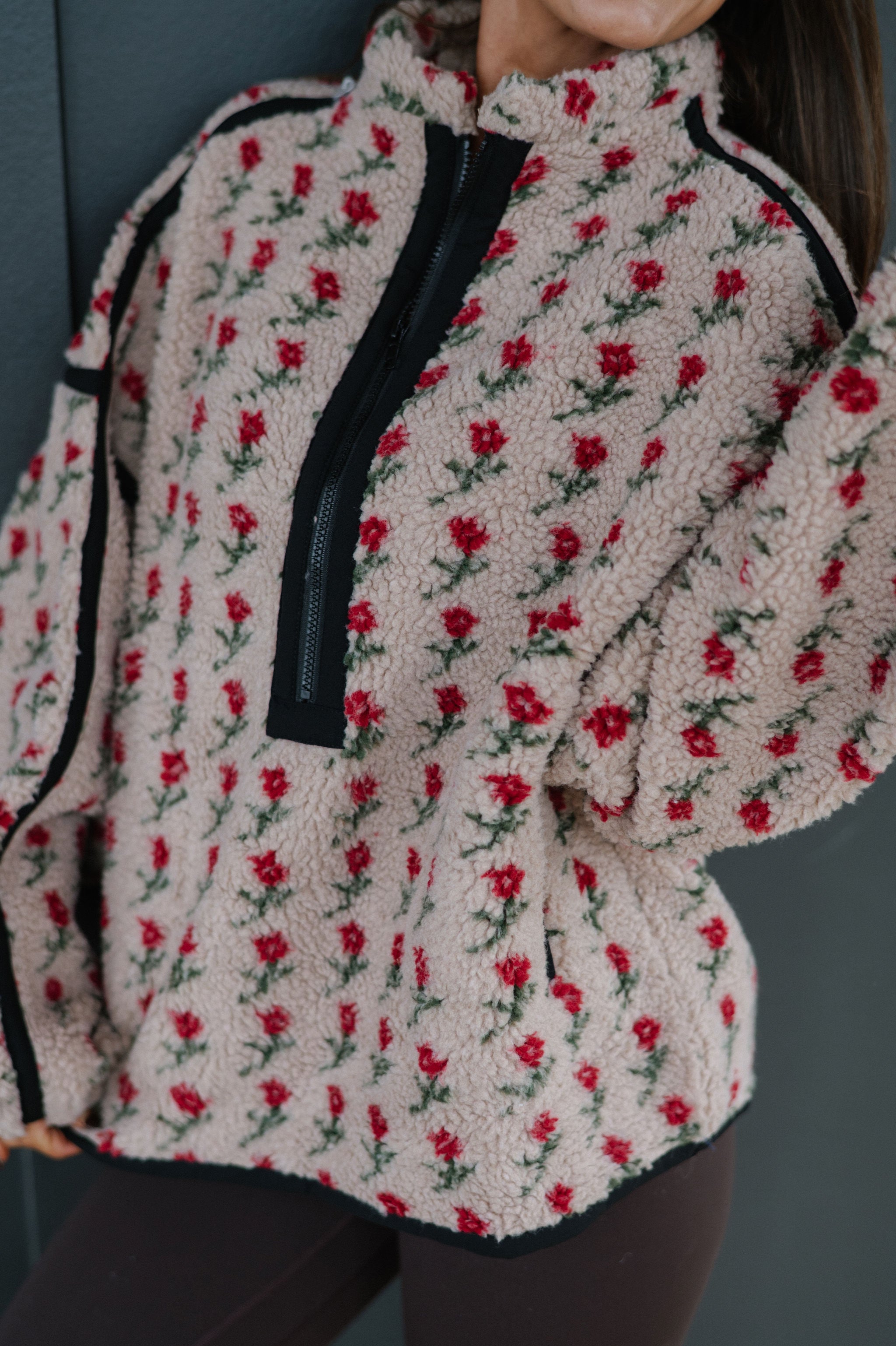 Floral Fleece Half-Zip Pullover-Sand