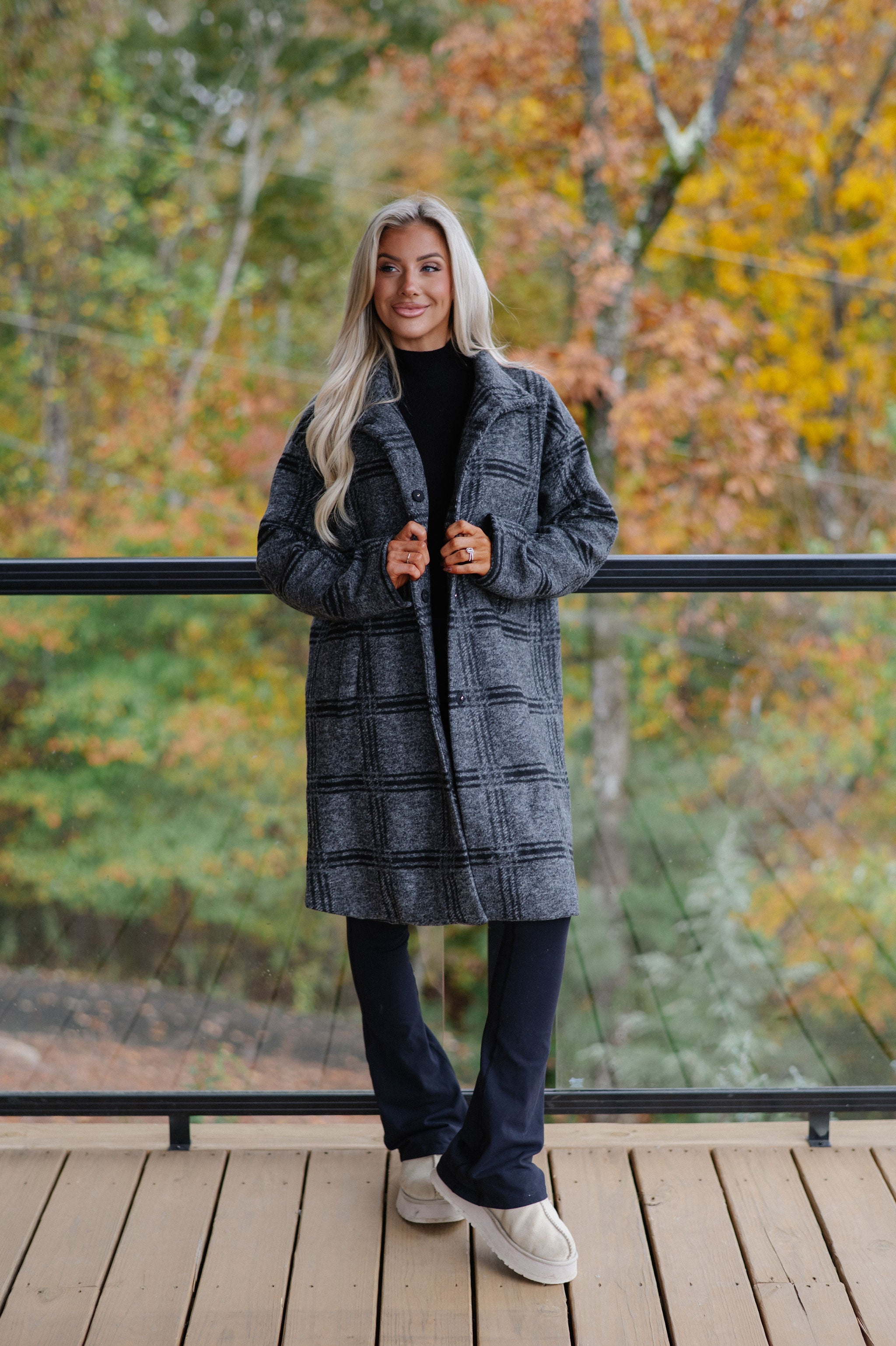 Checkered Stand Collar Coat-Grey/Black