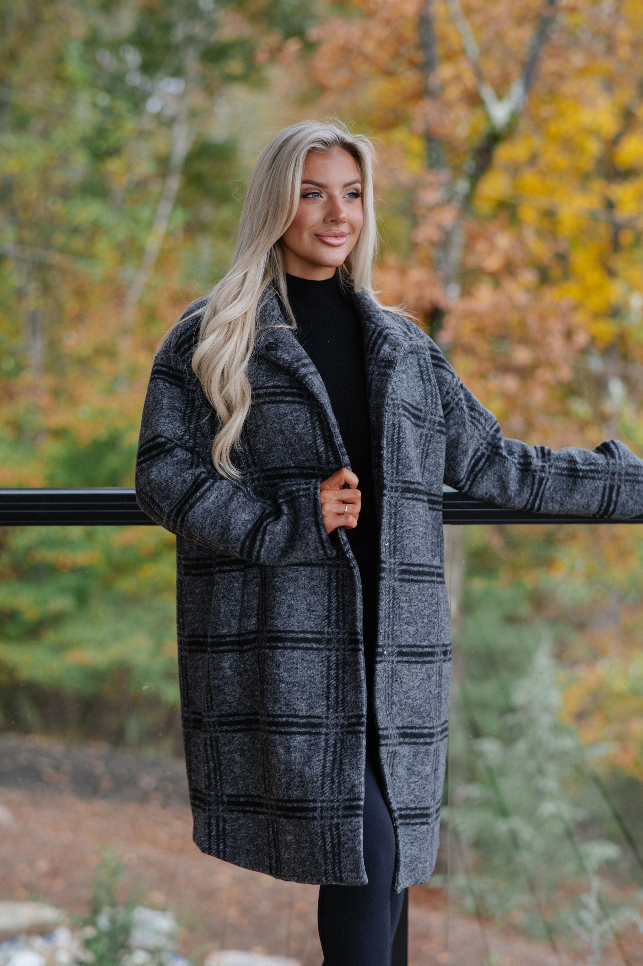 Checkered Stand Collar Coat-Grey/Black