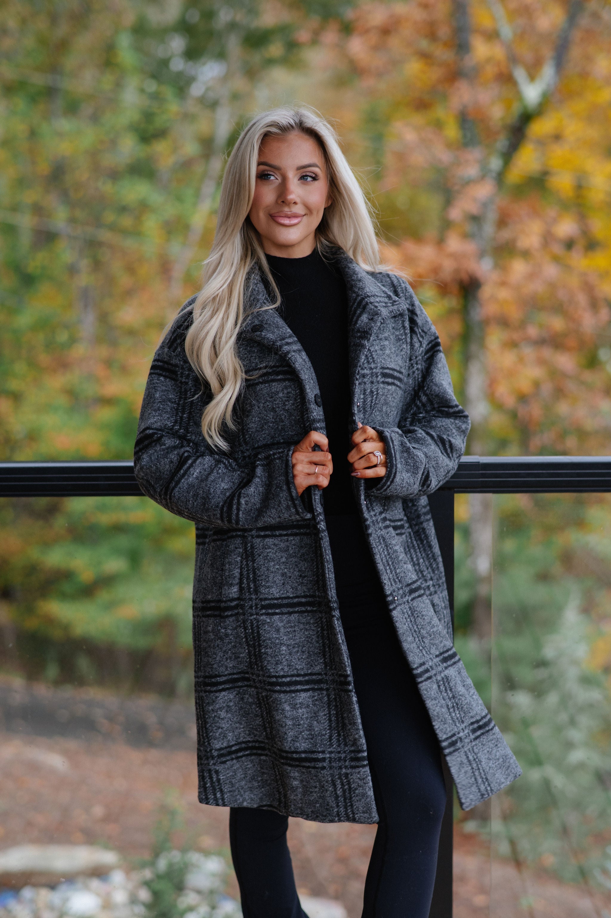 Checkered Stand Collar Coat-Grey/Black