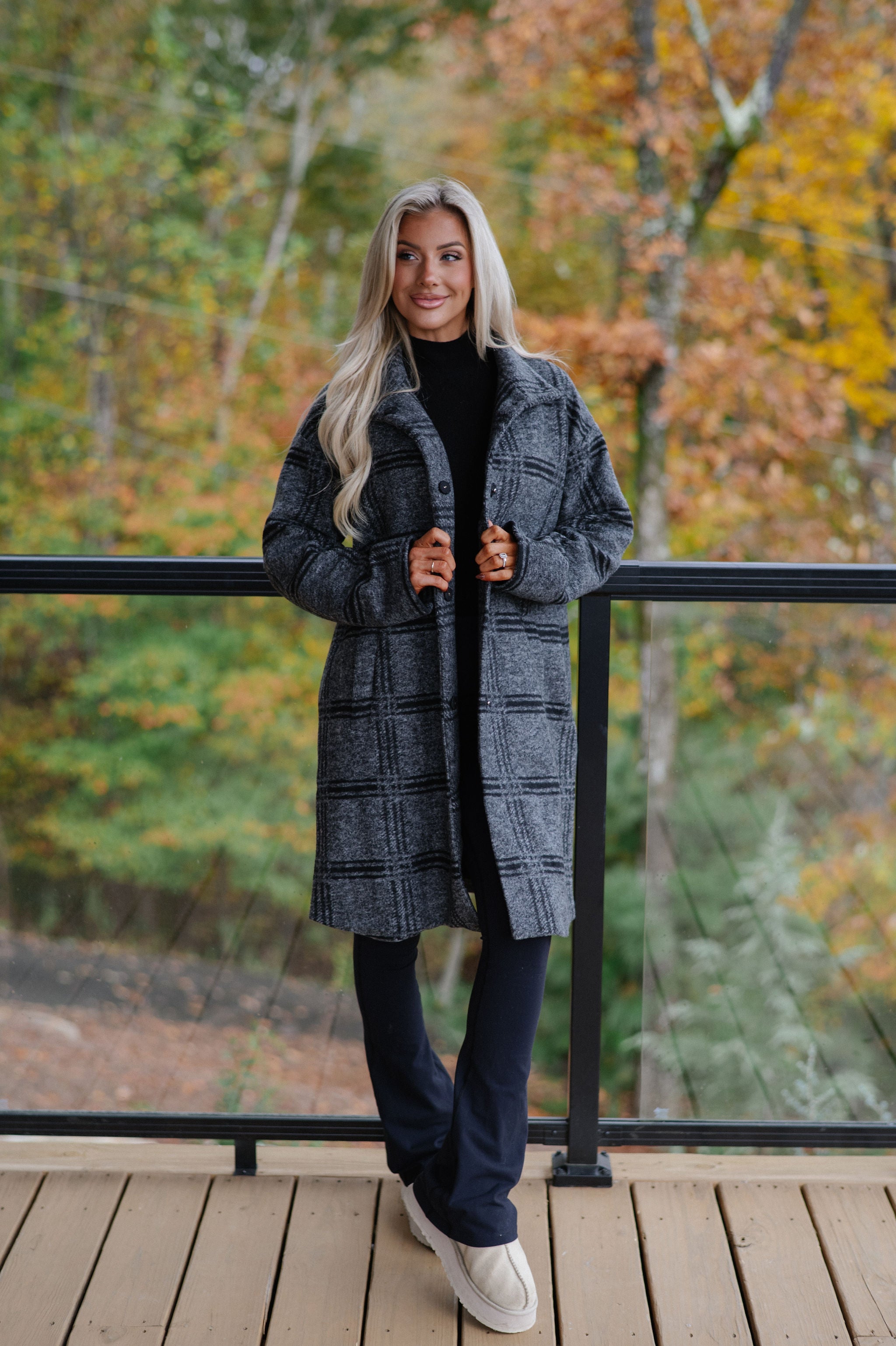 Checkered Stand Collar Coat-Grey/Black