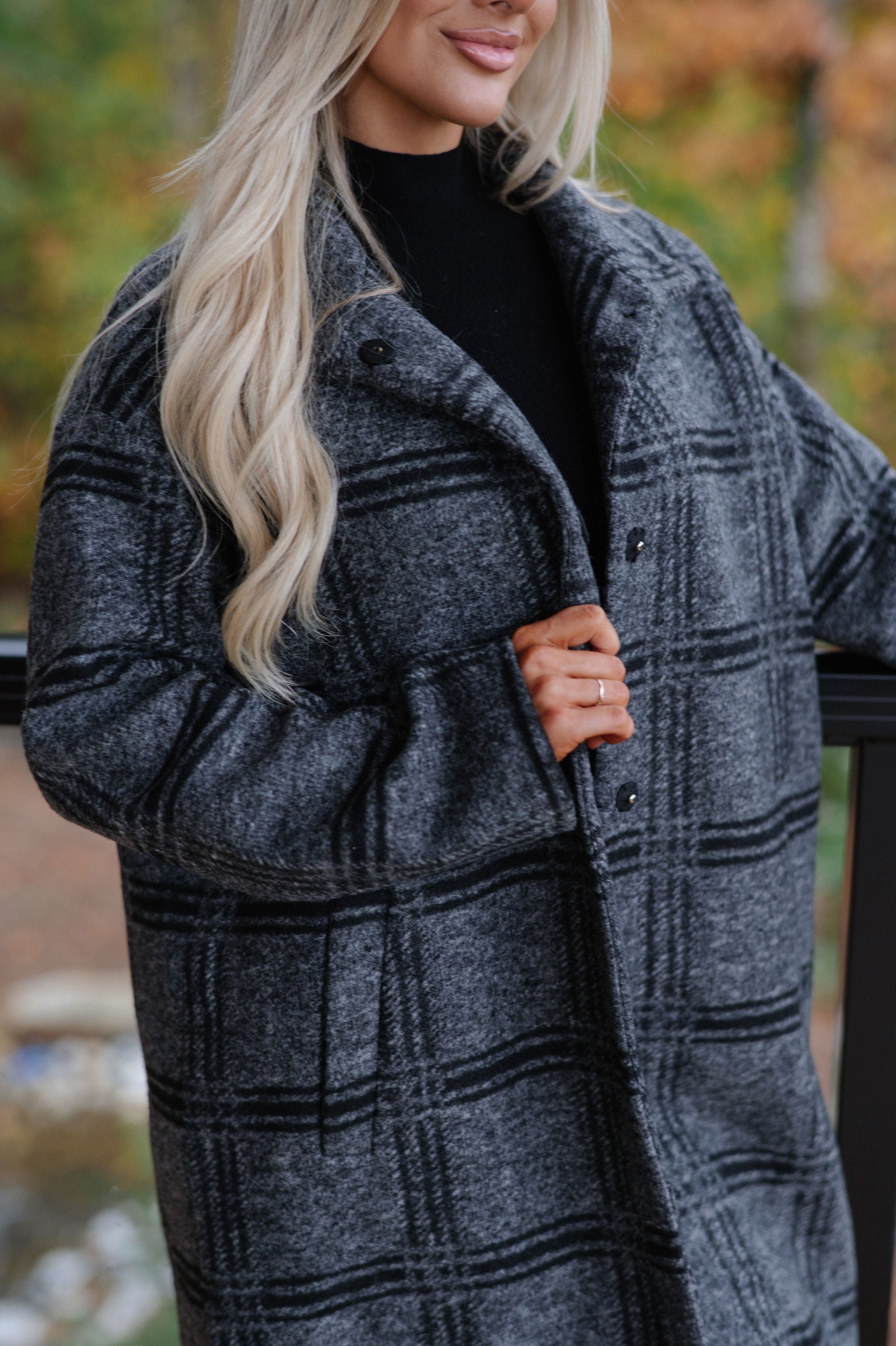 Checkered Stand Collar Coat-Grey/Black