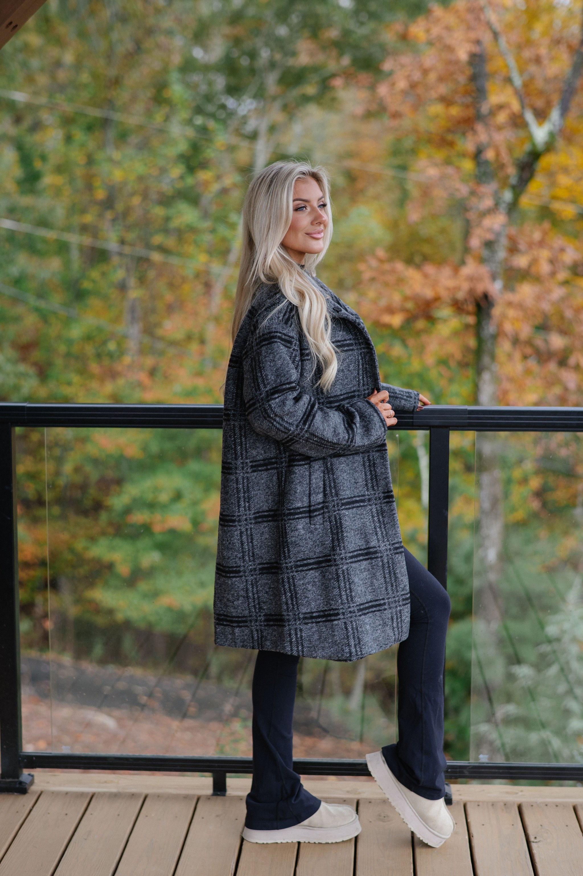 Checkered Stand Collar Coat-Grey/Black