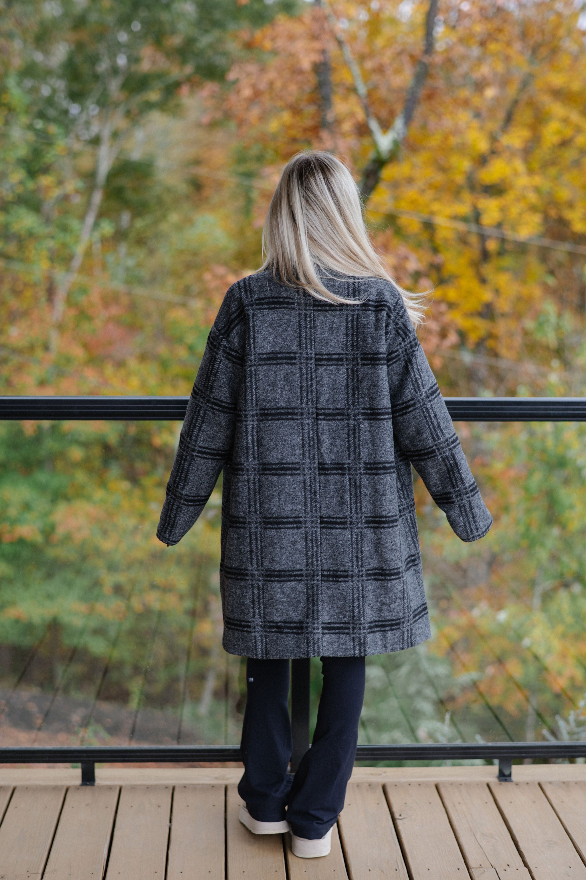 ___n　quui stand collar check coat Checkered Stand Collar Coat-Grey/Black